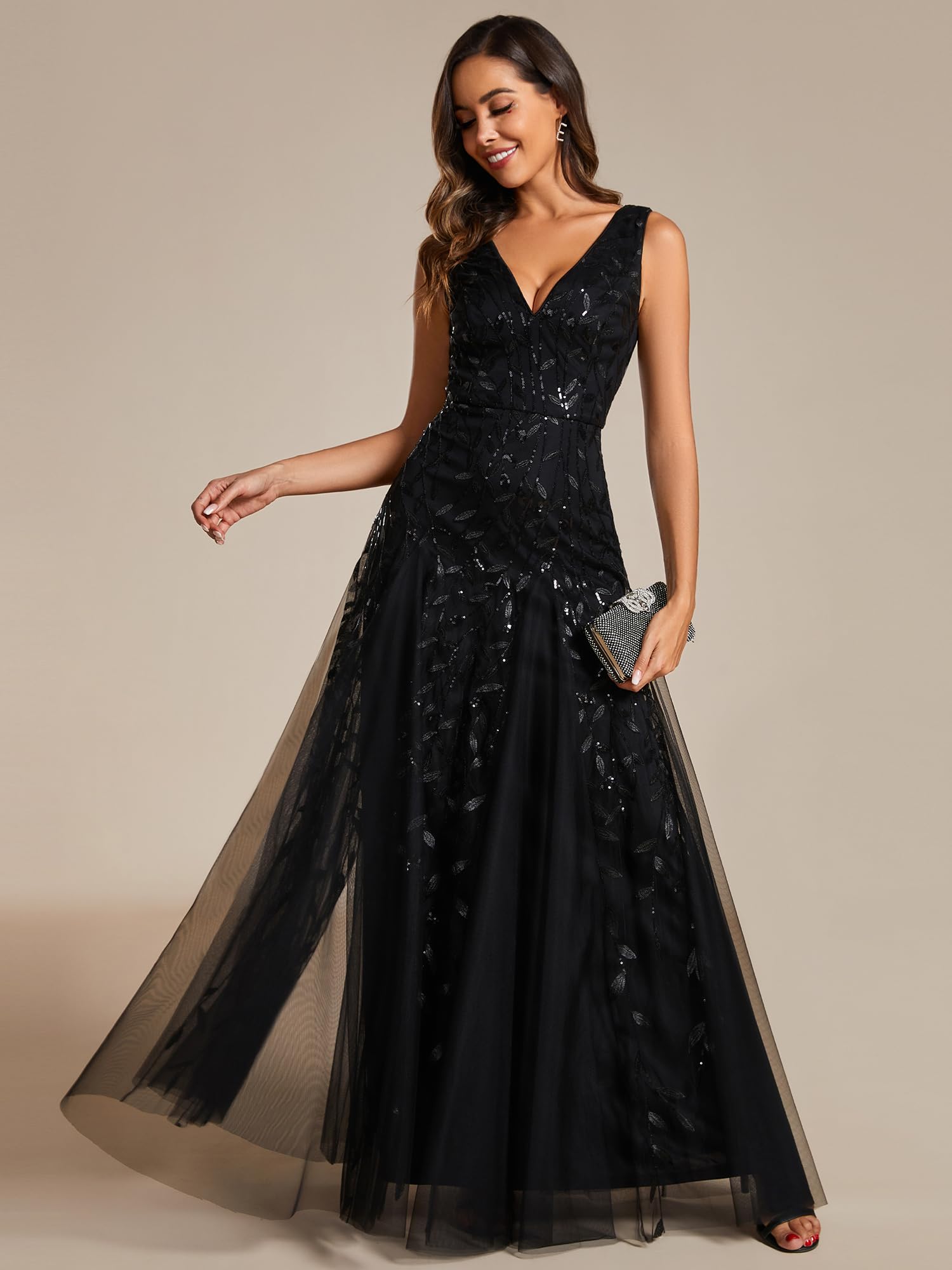 Ever-Pretty Vestido de Noche para Mujer Cuello en V Lentejuelas Invitadas de Boda Largo Sin Mangas Cintura Imperio Formal Fiesta EE02130