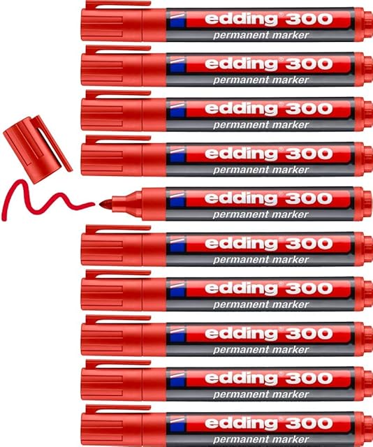 edding 300 permanent marker - red - 10 pens - round tip 1.5-3 mm - waterproof, quick-drying, smear-proof pens - for cardboard, plastic, glass, wood, metal and fabric