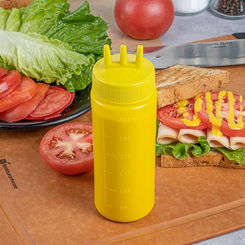 Miniatura 7 de Botellas exprimibles de condimentos de 24 onzas, 6 botellas con triple punta de dispersión  Botellas grandes y flexibles de plástico amarillo