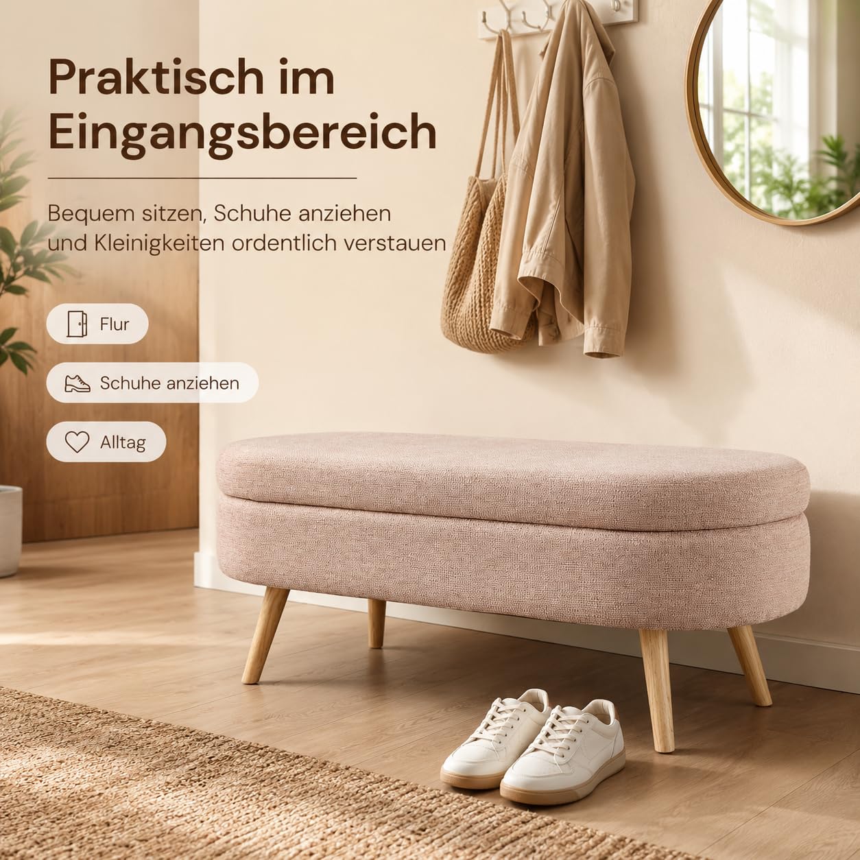 Sitzbank mit Stauraum, Polsterbank 110 cm mit Klappdeckel, Bettbank für Schlafzimmer, Flur & Wohnzimmer, Chenille-Optik,Holzbeine, bis 150 kg belastbar (Rosa)