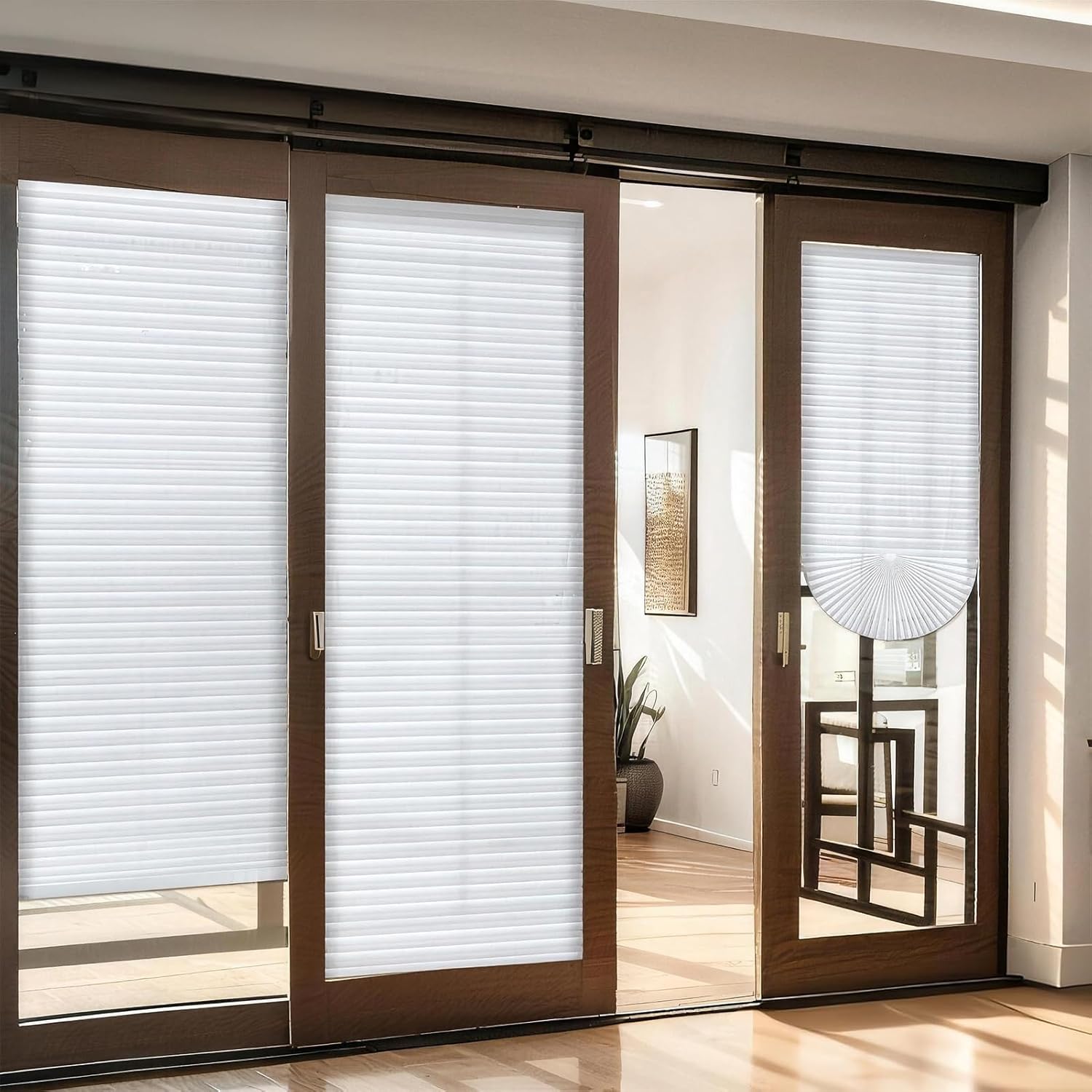 6 Pcs 35 x 94 Inches Temporary Blinds for Indoor Windows, Non-Woven Fabric Pleated Shades, No Drill Cut to Size Sticky Blackout Blinds for Sliding Door, French Door, Office, White