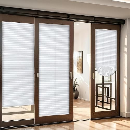6 Pcs 35 x 94 Inches Temporary Blinds for Indoor Windows, Non-Woven Fabric Pleated Shades, No Drill Cut to Size Sticky Blackout Blinds for Sliding Door, French Door, Office, White