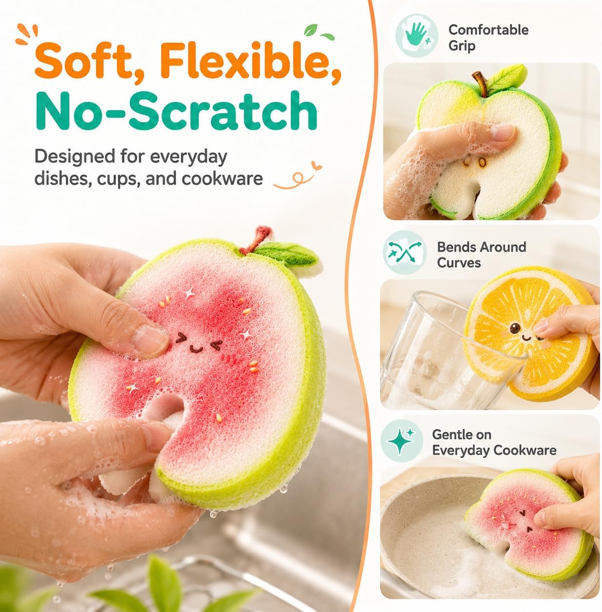 2027 New Cute Fruit Shaped Dishwashing Sponge Scrubber - Cute Fruit Shape Compressed Cellulose Dish Sponge for Kitchen Dishes Cleaning, No‑Scratch (3,Apple+Orange+Guava) image 5