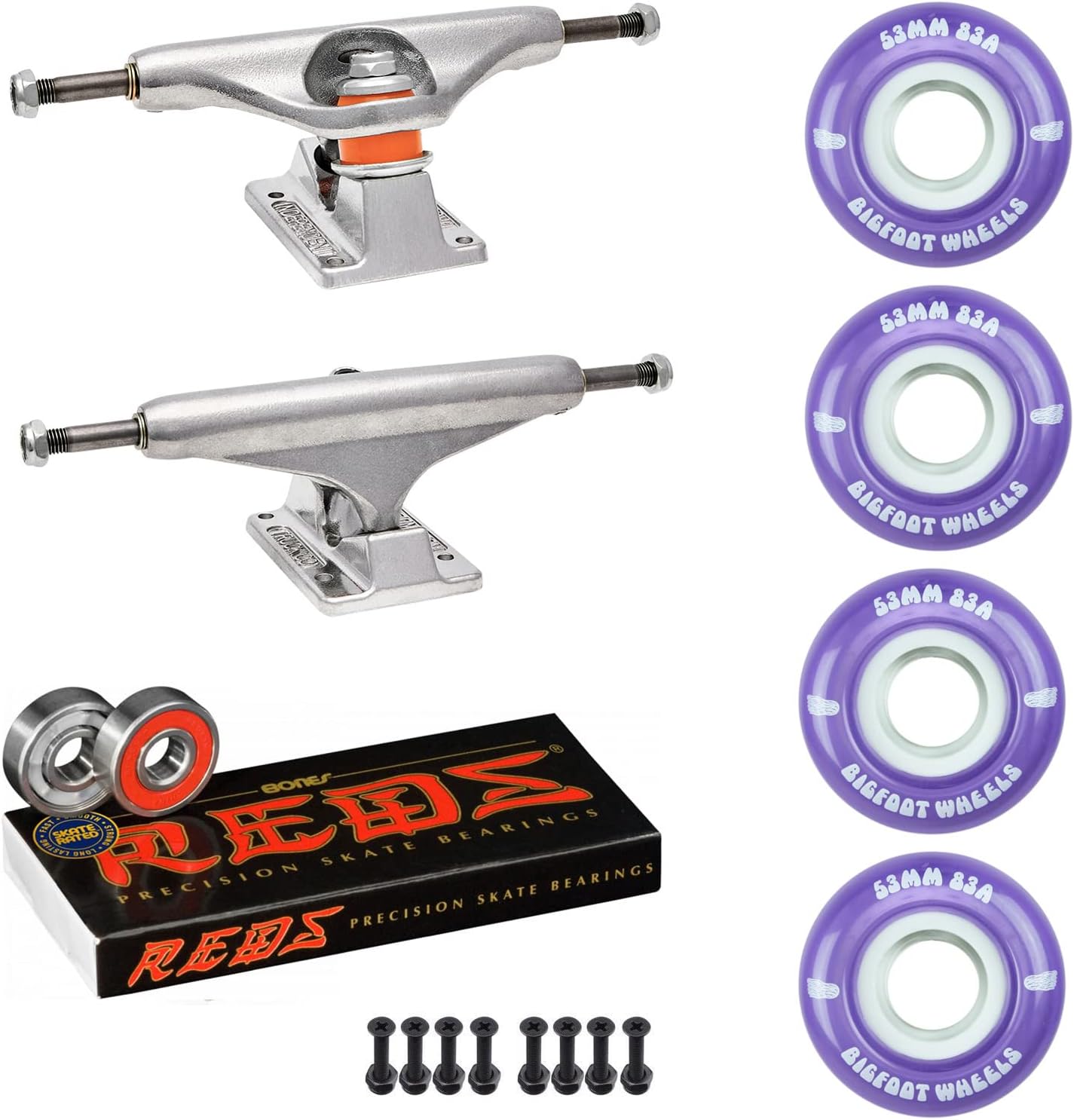 Independent Skateboard Trucks Package Kit with Bigfoot 53mm Soft 83A Wheels, Bones Reds Bearings, 1" Phillips Mounting Hardware, and 1/8" Risers