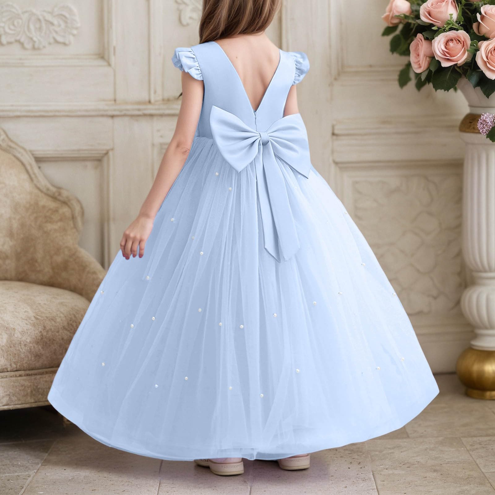 Generico Gonna Tulle Bambina Tutu Ballerina Bambina Gonna A Vita Alta Lunga con Fiocco E Perline, Abito Formale per Compleanni E Gare di Bellezza