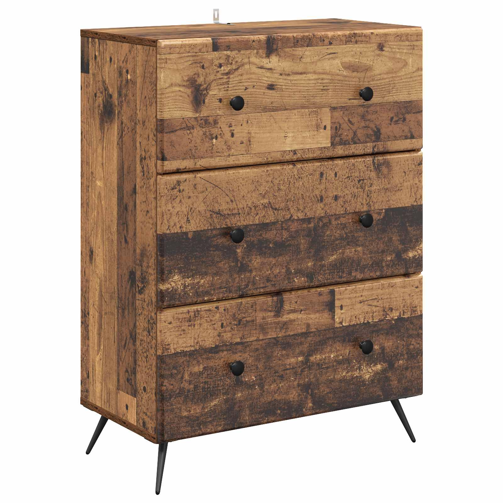 Cassettiera in legno anticato, 66 x 34,5 x 90 cm, con 3 cassetti e scomparti regolabili, per ufficio, soggiorno, corridoio, officina, ordine e conservazione