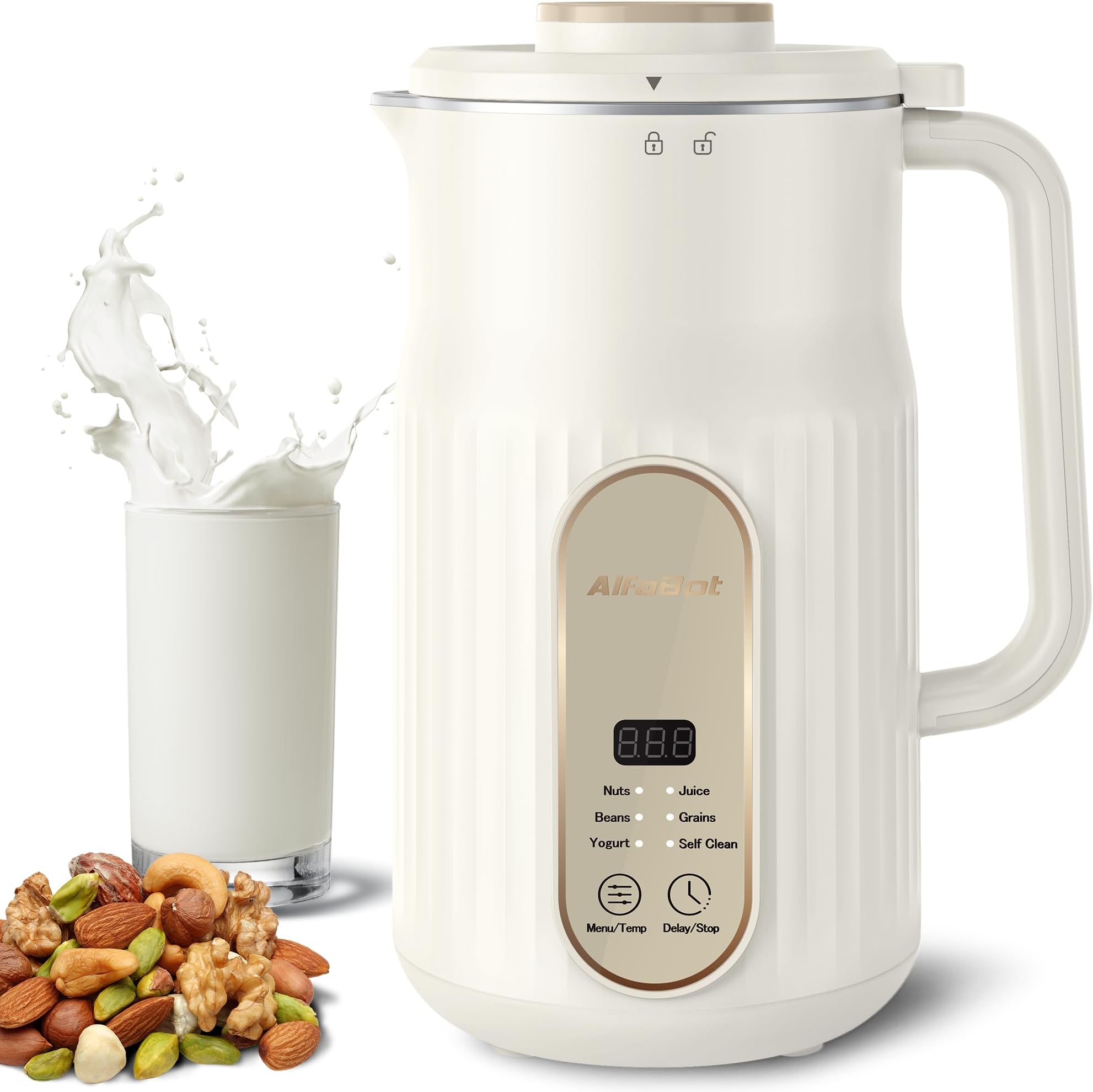Nut Milk Maker, AlfaBot N2 Automatic Almond Milk Machine for Homemade Plant-Based Milk, Oat, Soy, Yogurt, 5 Modes/35OZ Big Capacity Soy Milk Maker with Delay Setting and Self Cleaning (White)
