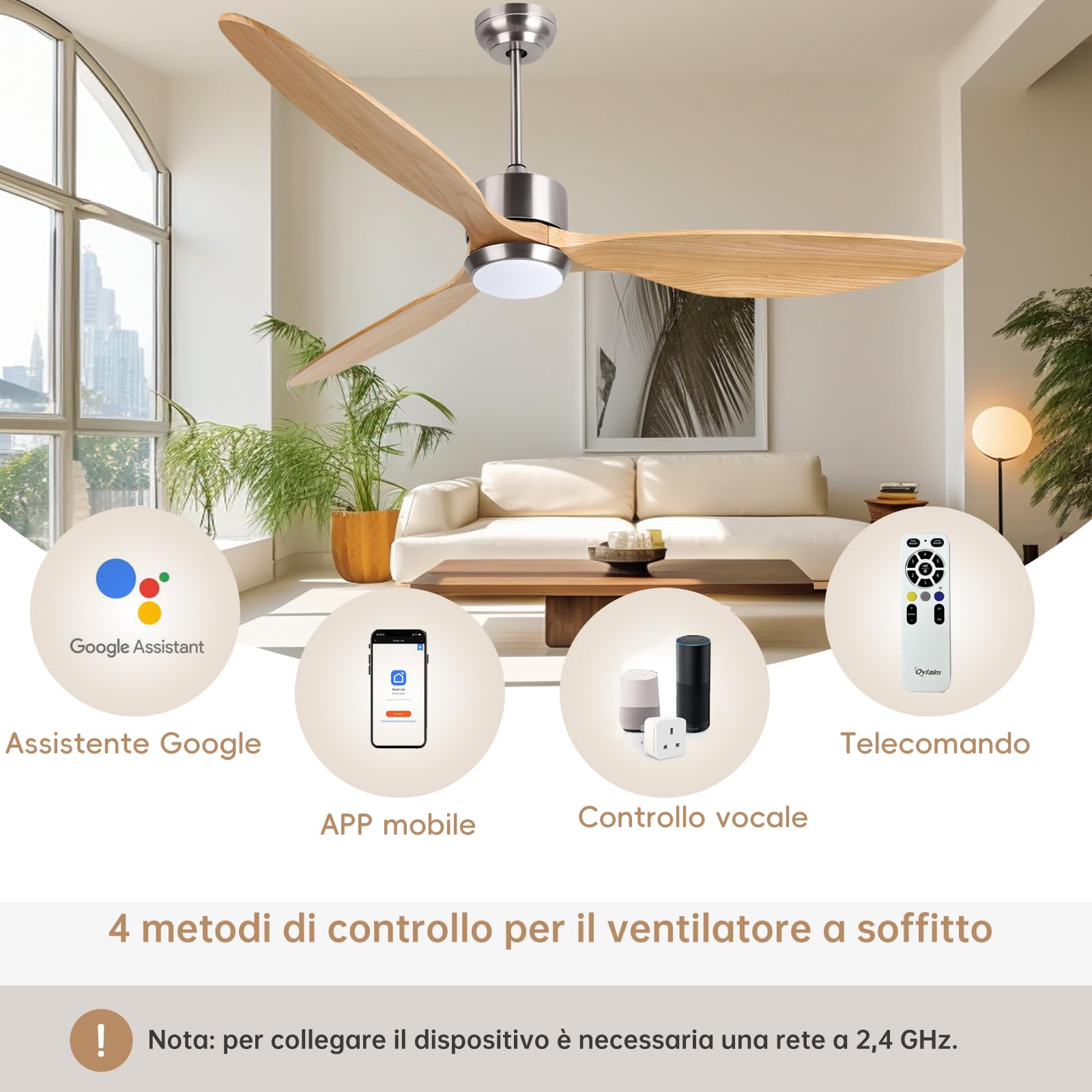 Ovlaim 165 CM di legno solido 3 elica a pale con ventilatore intelligente per soffitti leggero e remoto, 6 motore a corrente continua silenziosa velocità per salotto, camera da letto