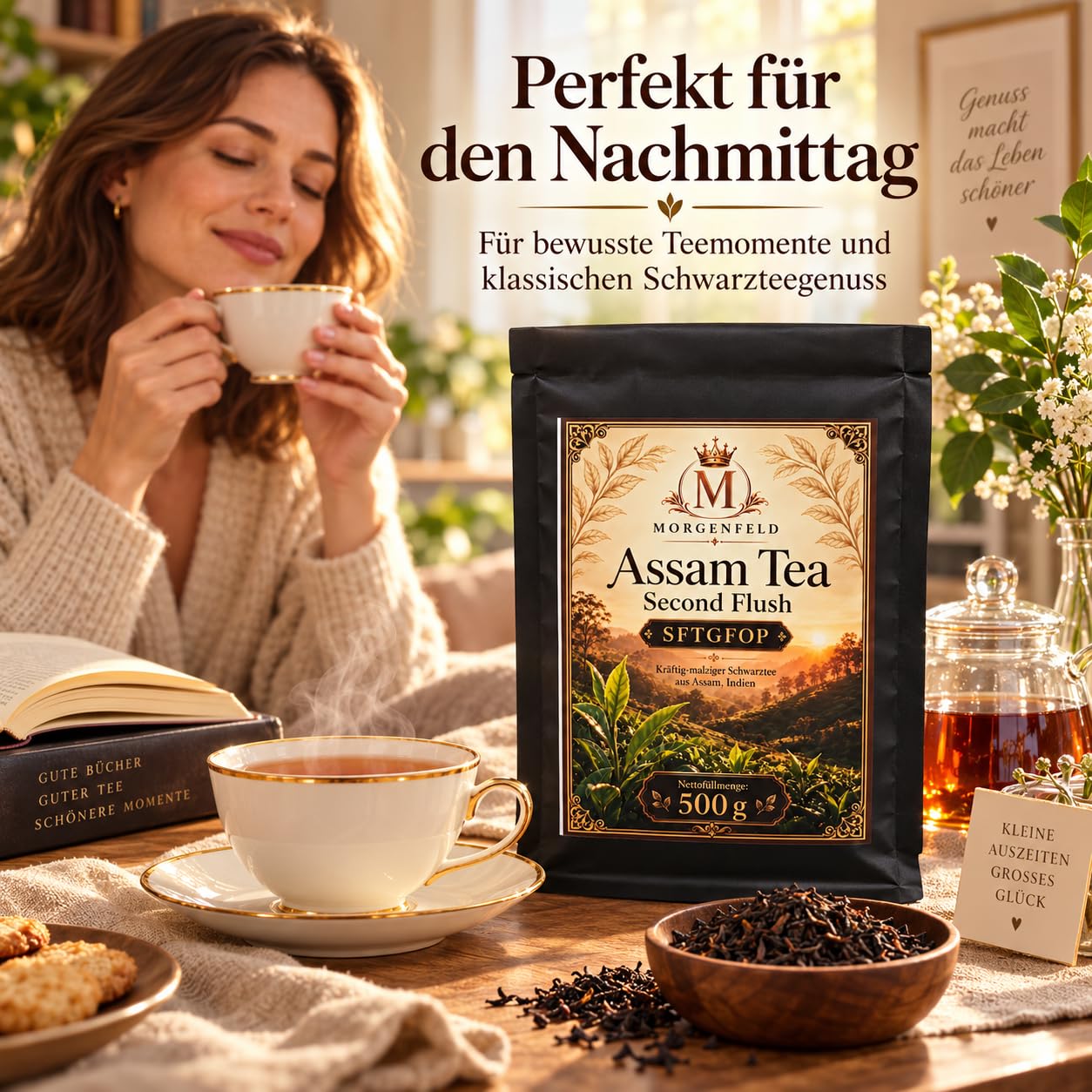 Morgenfeld Assam Tea Second Flush 3 x 500 g – Té Negro Premium SFTGFOP de Assam India, Té Suelto en Hojas Intenso & Maltoso para Tetera, Infusor, Desayuno, Merienda y Degustación met Kajal Sticker