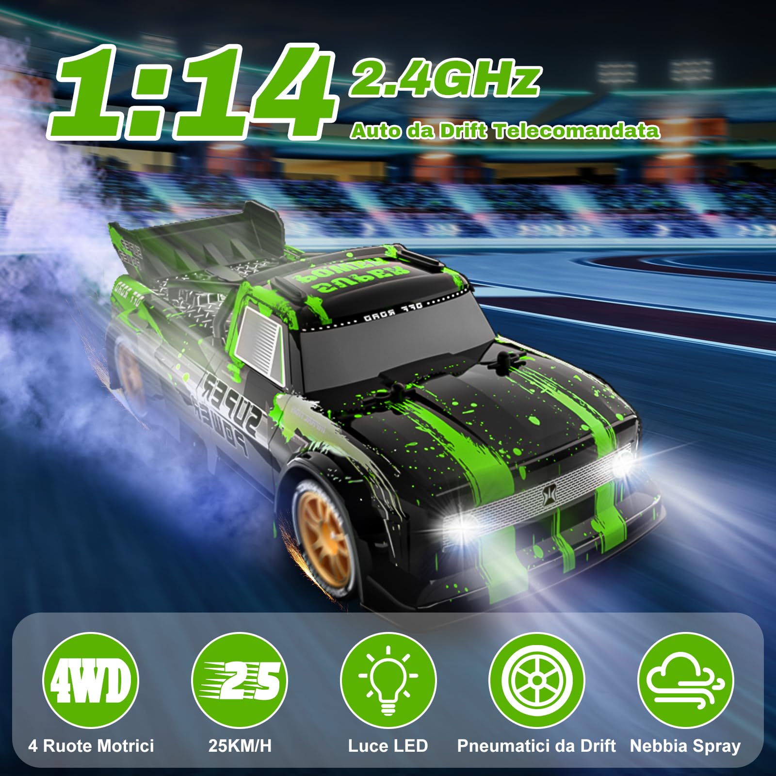Joellfuner Macchina Telecomandata Drift, 4WD 1:14 RC Drift Car, 25km/h Auto Telecomandata con Nebbia Spray e Luce LED, RC Deriva Race Auto Giocattolo per Bambini di Età Superiore agli 8 Anni (Verde)