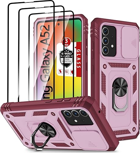 Miniatura 12 de Funda para Galaxy A52 4G, para Galaxy A52 5G con 3 protectores de pantalla de vidrio templado con soporte de anillo integrado + cubierta de cámara