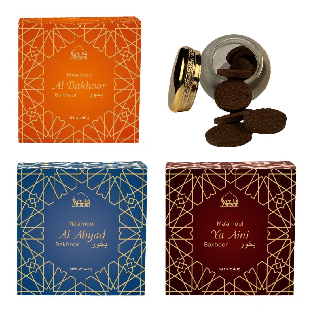 Ma’amoul Al Bakhoor, Al Abyad, Ya Aini by Dukhni | 3 Jars x 40g | Arabic Oudh Incense | Use with bakhour burner | Perfect Islamic Gift for namaaz, meditation or gatherings
