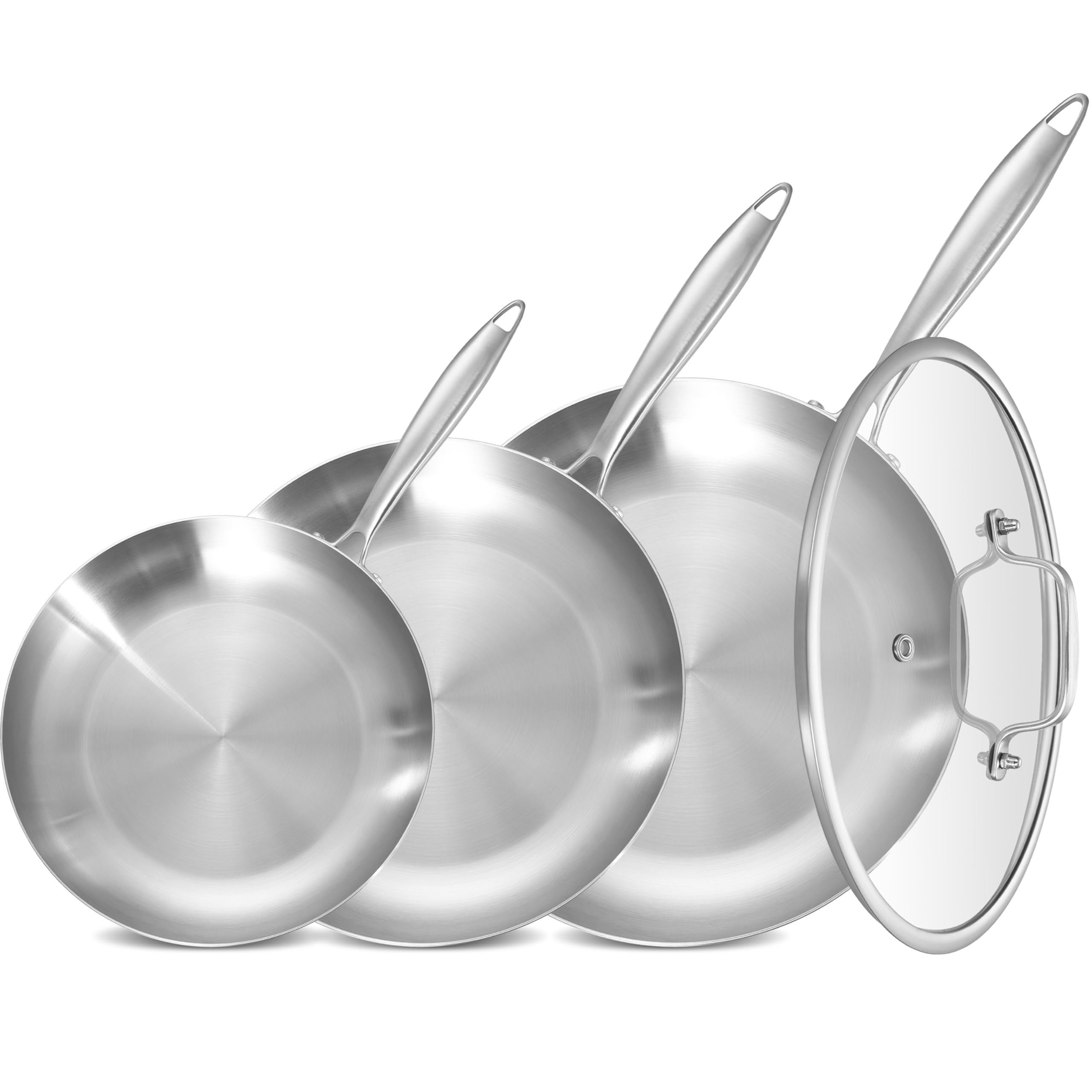 LOLYKITCH 8.5-10-12 Inch Tri-ply Stainless Steel Frying Pans Set of 3,Skillets,Induction Cookware Set,Oven and Dishwasher Safe,Detachable Handle