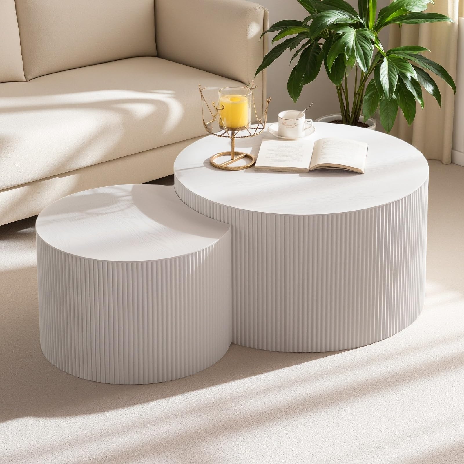 Modern Round Nesting Coffee Table Set of 2, Vertical Stripe Design Drum Coffee Table Cocktail Table, Round Side Table for Living Room, Bedroom, Office