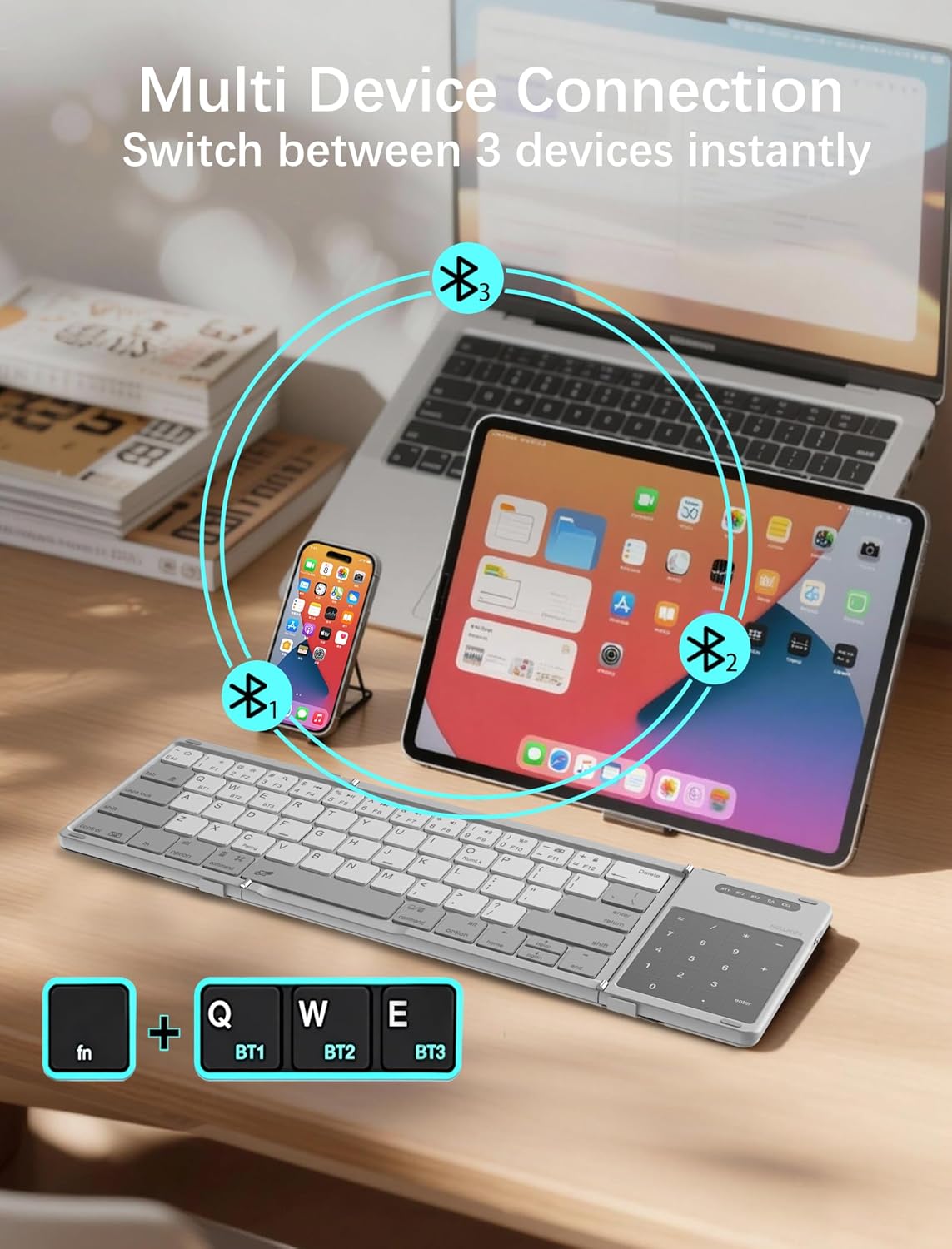 Nillkin Upgraded Foldable Bluetooth Keyboard with Touchpad & Number Pad, Portable Wireless Keyboard for Travel, Pocket-Sized, Full Size Keys, Support 3 Devices for iPad Laptop Tablets Phone, Gray