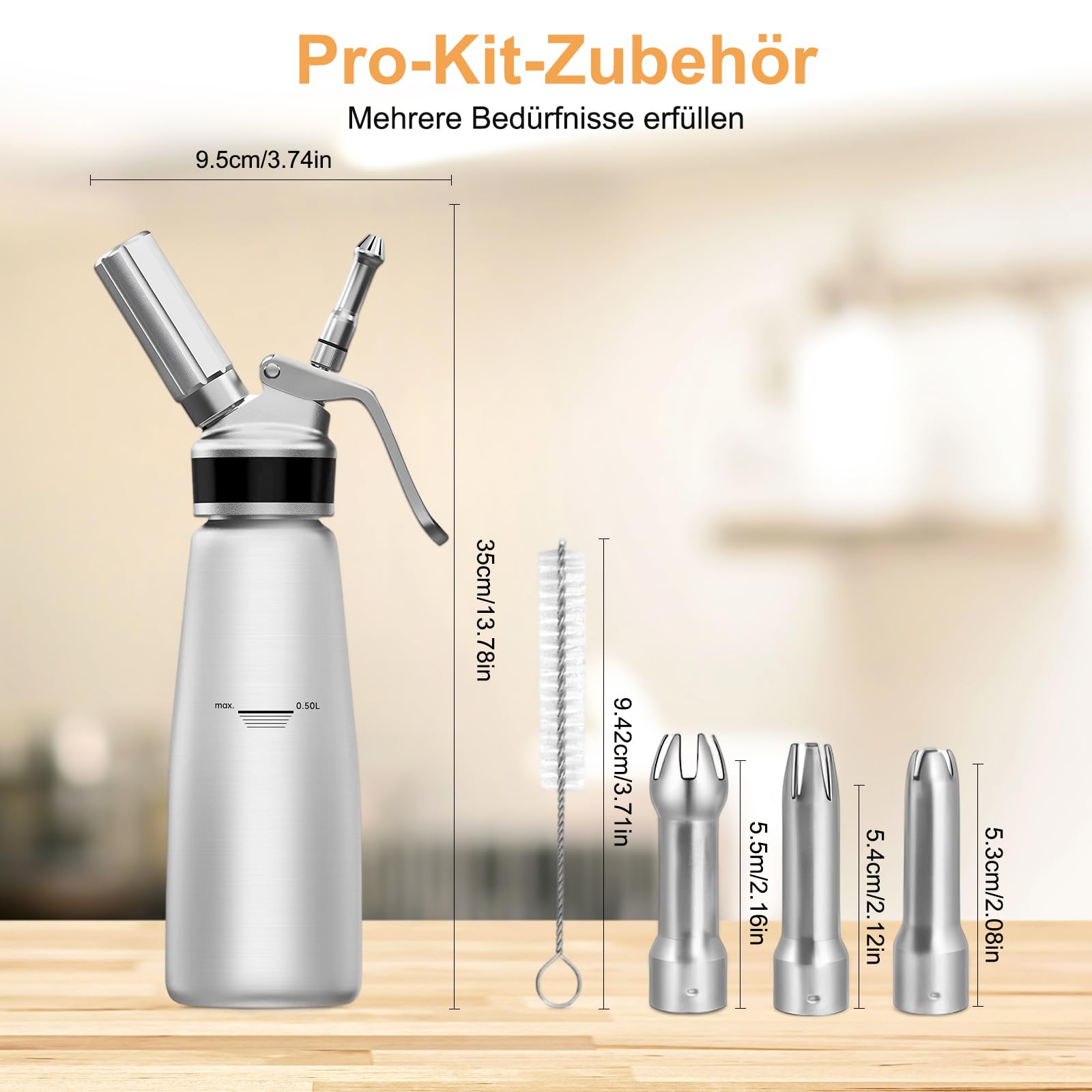 Aluminium Sahnespender, Auslaufsicher, mit Sahnekapseln & Reinigungsbürste, 500 ml