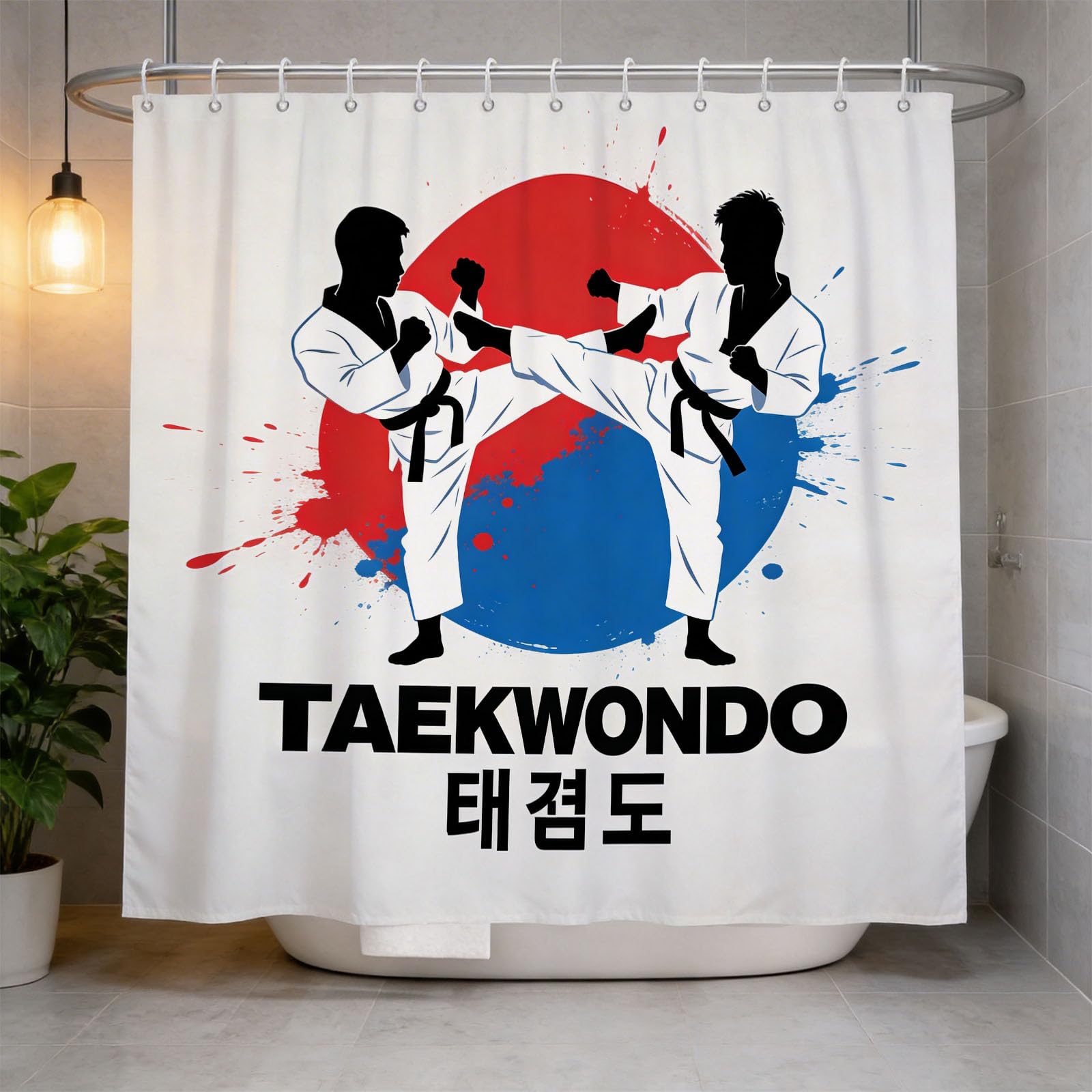 Hongduo 3D Taekwondo Shower Curtain for Stalls Bathtubs Cartoon Bathroom Decor Shower Curtain Set Polyester Fabric Waterproof 200x200cm/79X79 Inch with Hooks