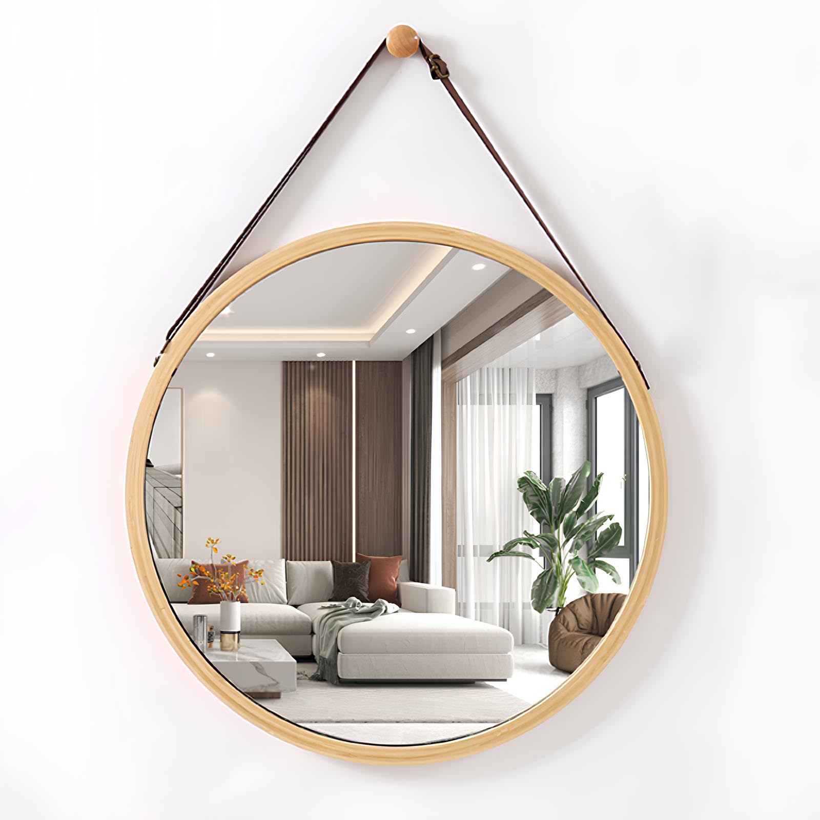 VQWQV Small Round Wall Mirror, Bamboo Frame Makeup Vanity Mirror With Adjustable Hanging Leather Strap, For Home Wall Decor Bathroom Living Room Bedroom Entryway(Wood color,38cm/14.9in)