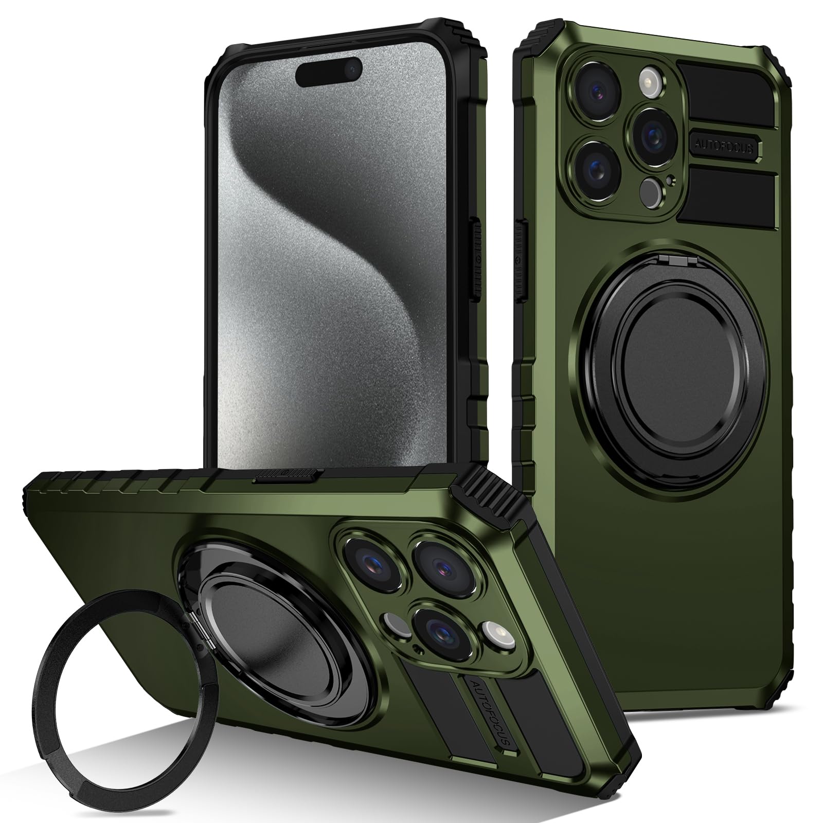 Obracane o 360° magnetyczne etui ochronne z przyssawką do Apple iPhone 17 Pro, uchwyt na telefon komórkowy [uchwyt samochodowy] odporne na wstrząsy ochronne etui na telefon, ciemnozielone