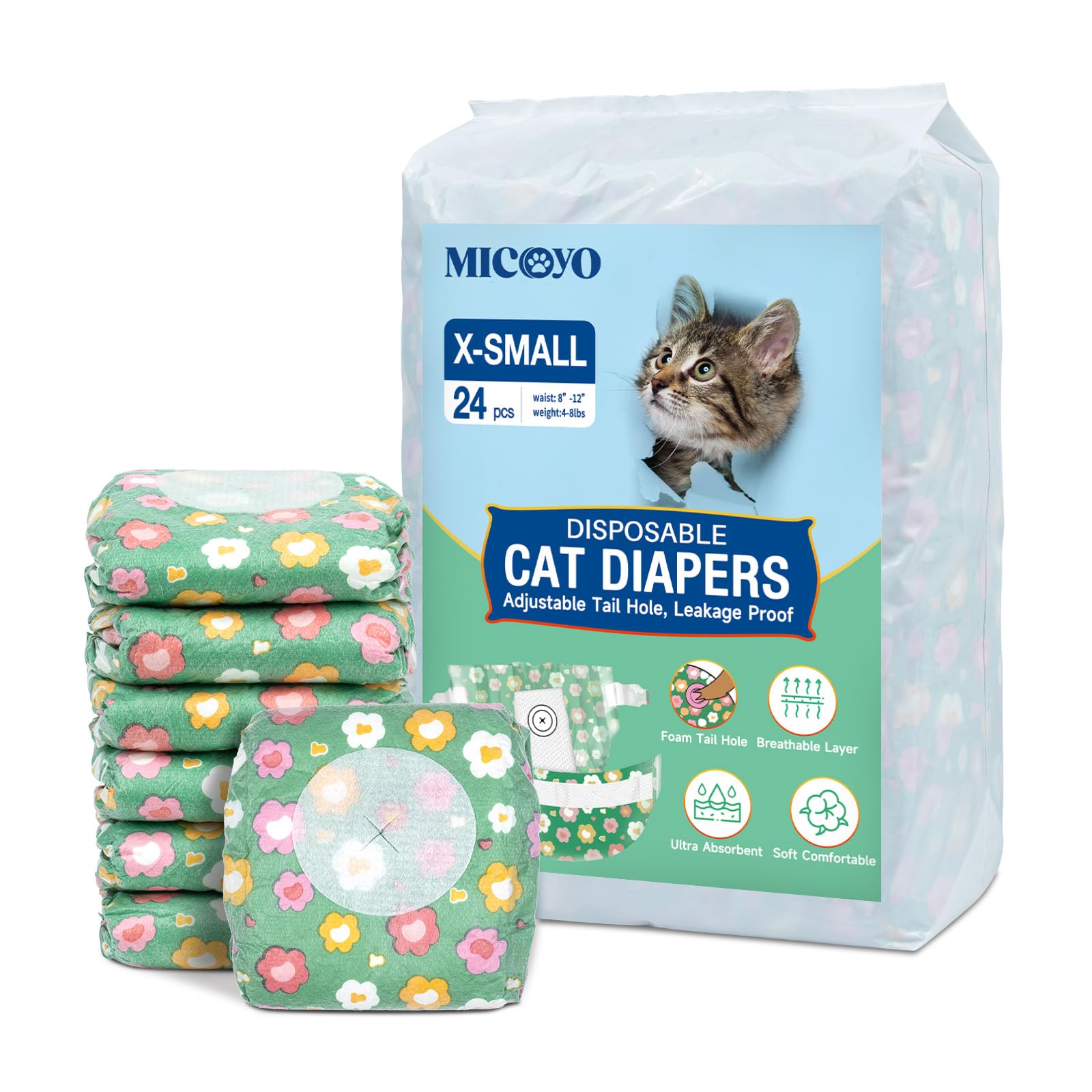 MICOOYO Disposable Cat Nappies Female Super Absorbent Puppy Nappies Cat Dog Hygiene Pants Cats Diapers for Female in Heat & incontinence(XS, 24pcs,green) — image 1