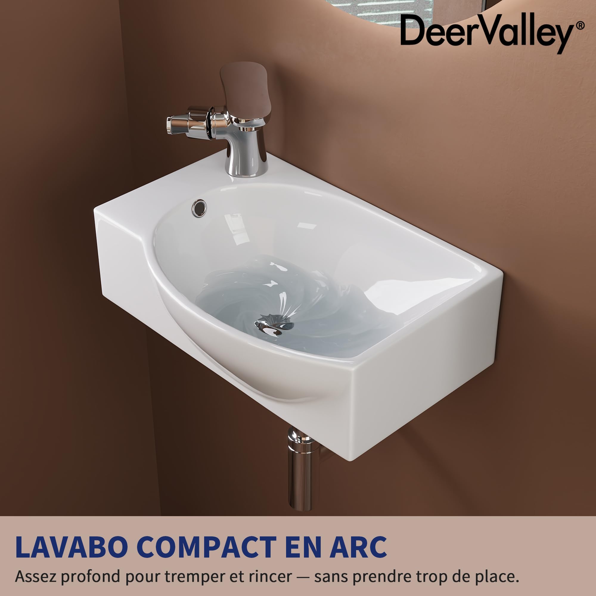 Lavabo mural DeerValley 305×240 mm, vasque rectangulaire en céramique blanche, cuve à gauche avec trou de robinet à droite, idéal pour les petites salles de bain