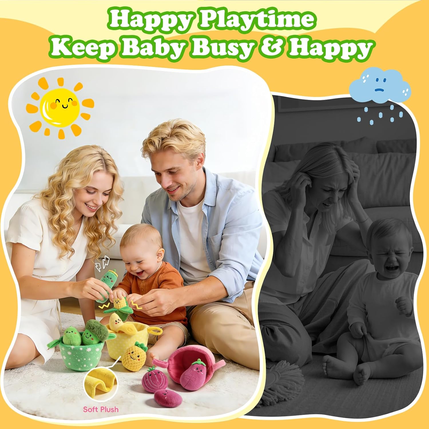 SAIMAND Baby Toys 6–12 Months, 16PCS My First Fruit Vegetable Sensory Toys for Babies Infants, Color Sorting Play Food with Crinkle & Rattle, Montessori Toys for 1 Year Old Toddlers Boys Girls