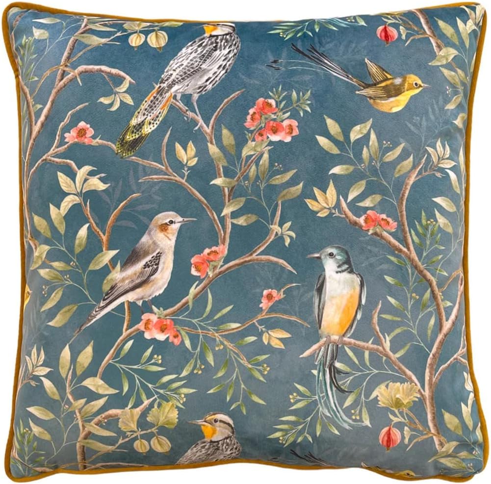 Wylder Tropics Orient Cushion Cover – Velvet Chinoiserie Birds Floral Design (Slate Blue – 43 x 43 cm)