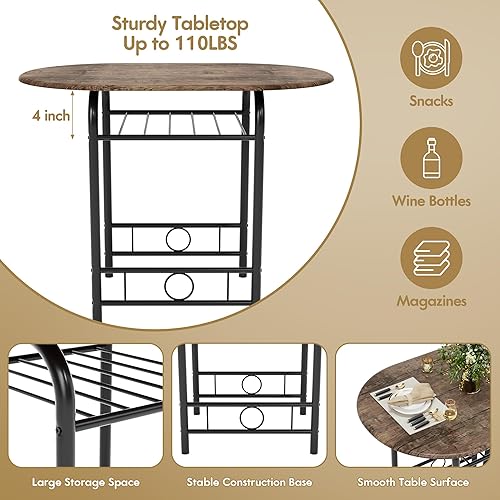 Miniatura 5 de Flamaker Mesa de comedor para 2, juego de mesa redonda y sillas de 3 piezas, mesa de cocina pequeña para desayuno, mesa de grano de madera y estante