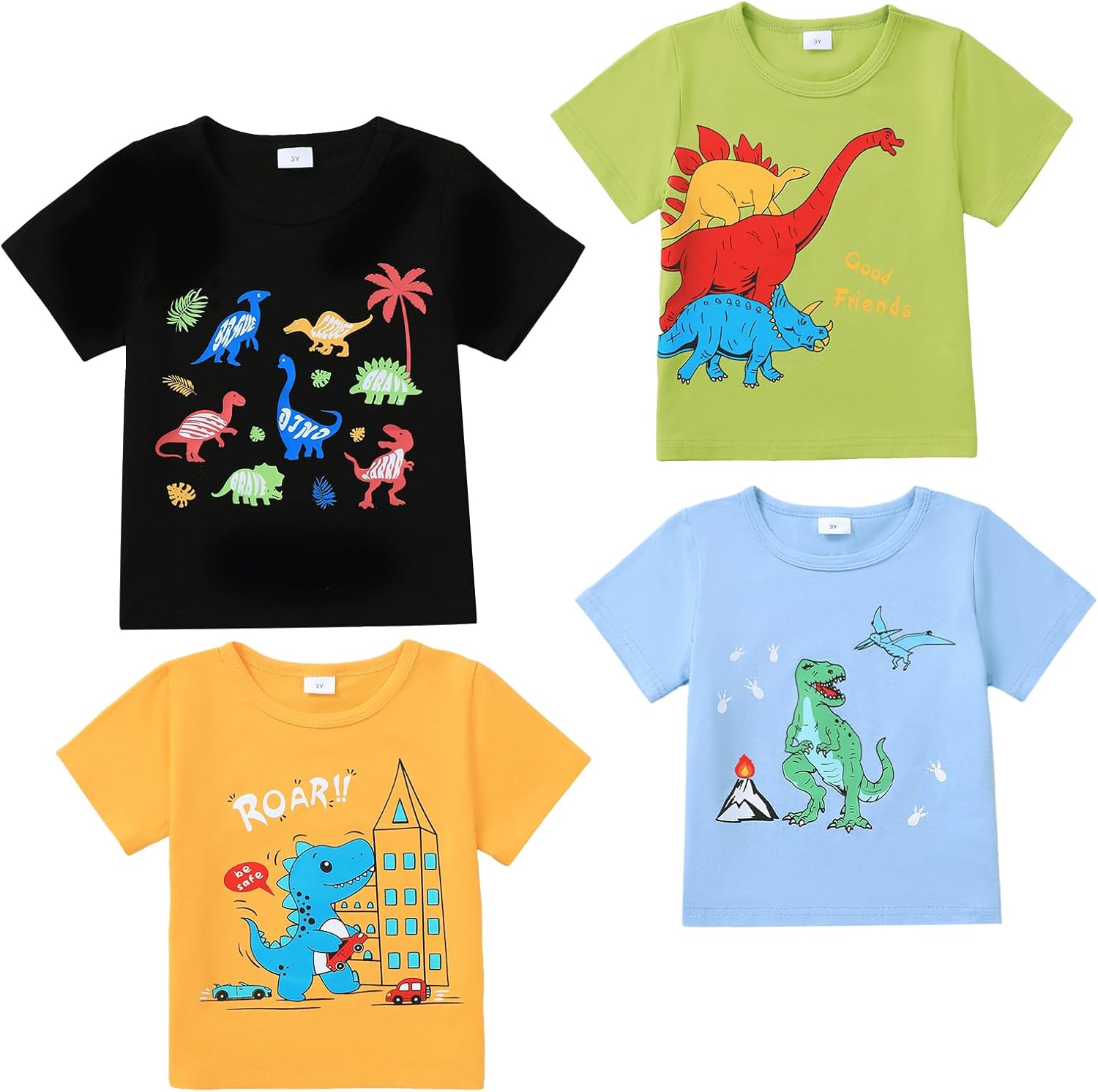 Jecson Toddler Boy Shirts Summer Short Sleeve T-Shirts Cotton Casual Graphic Crewneck Top Tees 4-Pack for 2-5 Years