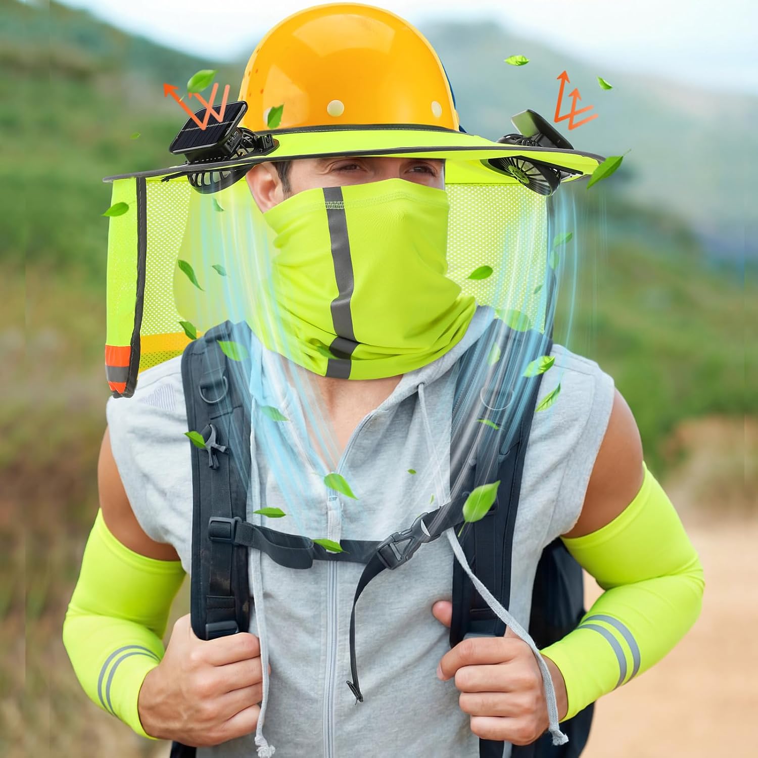 1 Set Sun Hard Hat Shade Full Brim Hard Hat Sun Visor with Solar Fans and Neck Sunshade Cover UV Reflective Strap Arm Sleeves Summer Protection Accessories