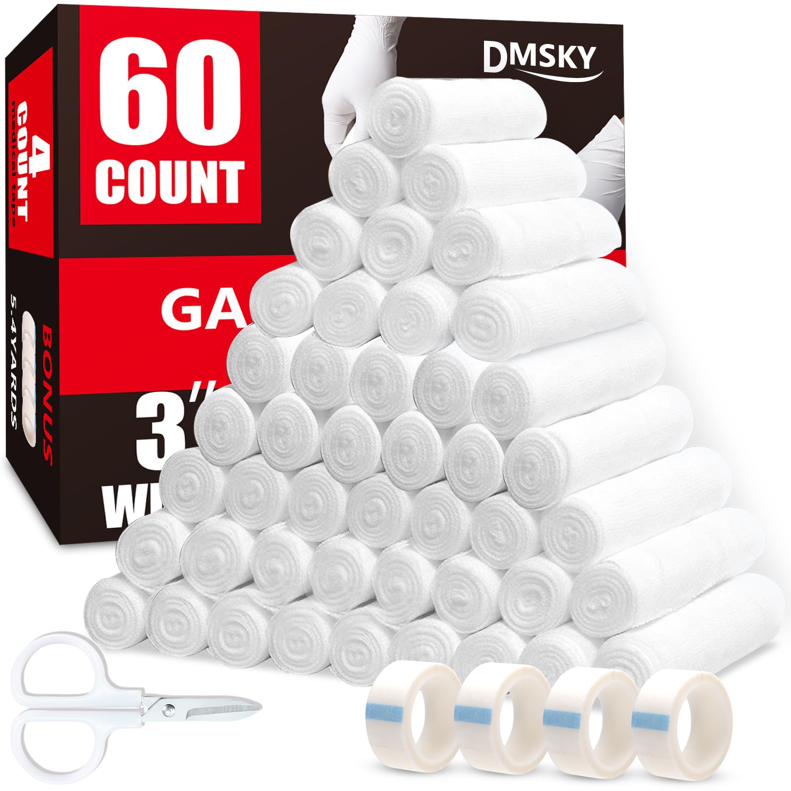 Paquete de 60 rollos de gasa vendas, 3 pulgadas x 4 yardas, gasa enrollada transpirable envuelta individualmente, suministros de primeros auxilios y suministros médicos para heridas