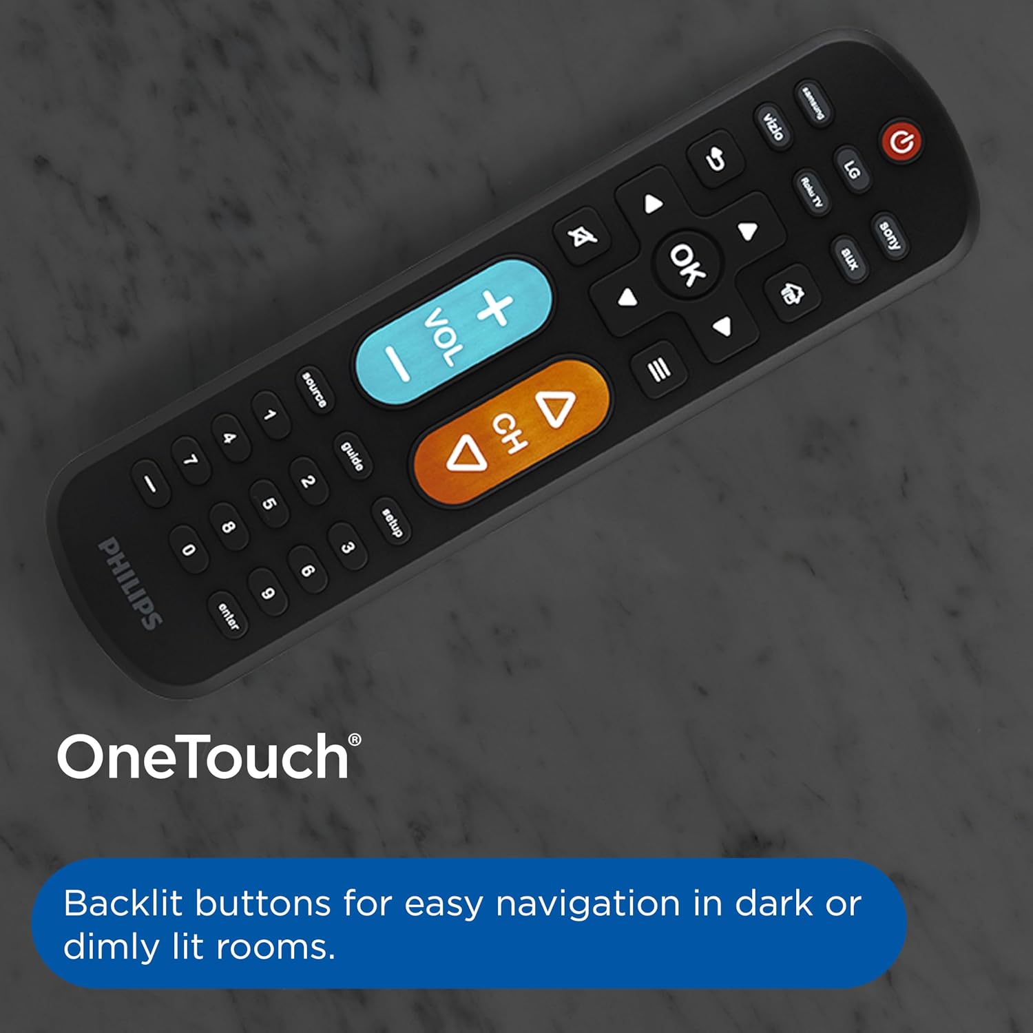 Philips BigEZ OneTouch Big Button Universal TV Remote for Seniors, Easy to Use, Replacement Remote for Samsung, LG, Sony, Vizio, Roku TV, Backlit Buttons, 2 Device, Black, SRP3945B/37