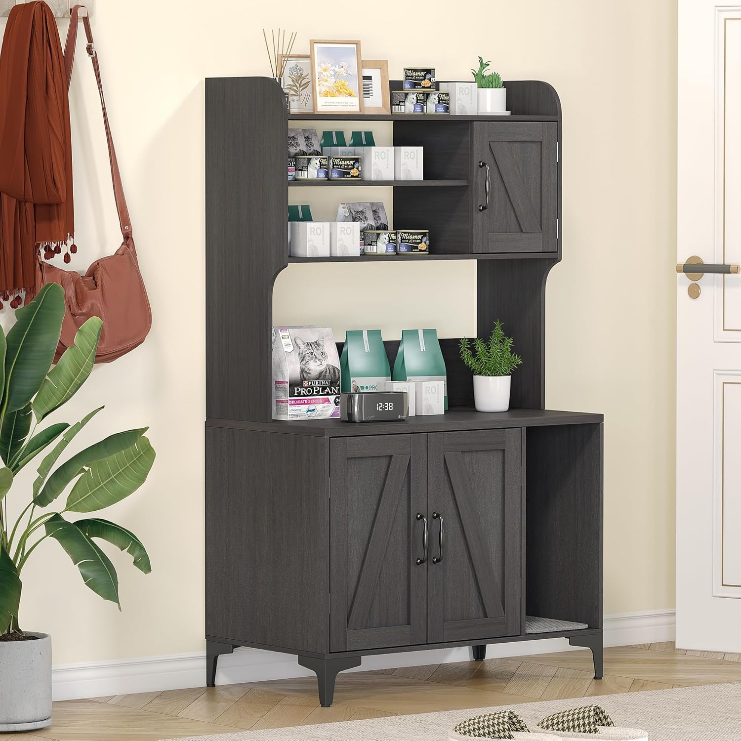 Large Hidden Cat Litter Box Enclosure with Shelves, Modern Litter Box Furniture Sturdy Cat Washroom Storage, Indoor House Furniture,Black