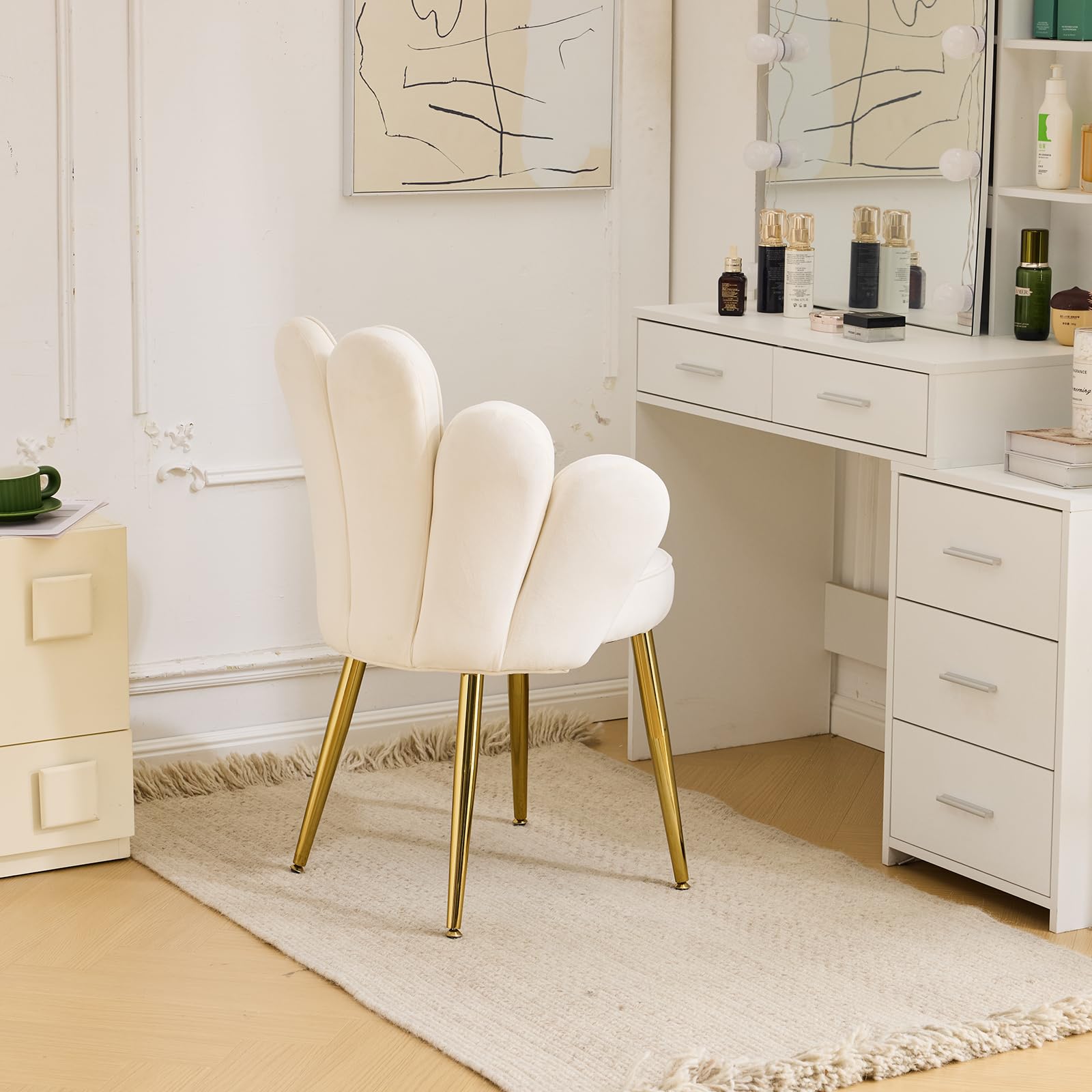 LEADZM Sillón con respaldo pétalo silla de tocador sillón relax, Blanco | de salón dormitorio, sillón de cocina y comedor con patas de oro