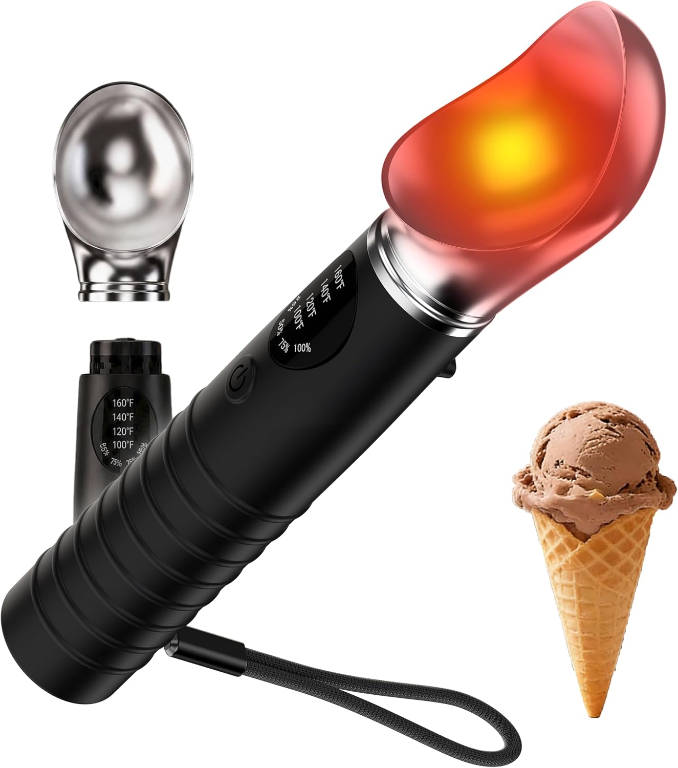Heated Ice Cream Scoop Rechargeable, 4-Speed Electric Warming Ice Cream Scoop, Detachable Head, LED Display, IP67 Waterproof for Hard Ice Cream/Gelato, with Supporting Foot, Fast Heating (Black)