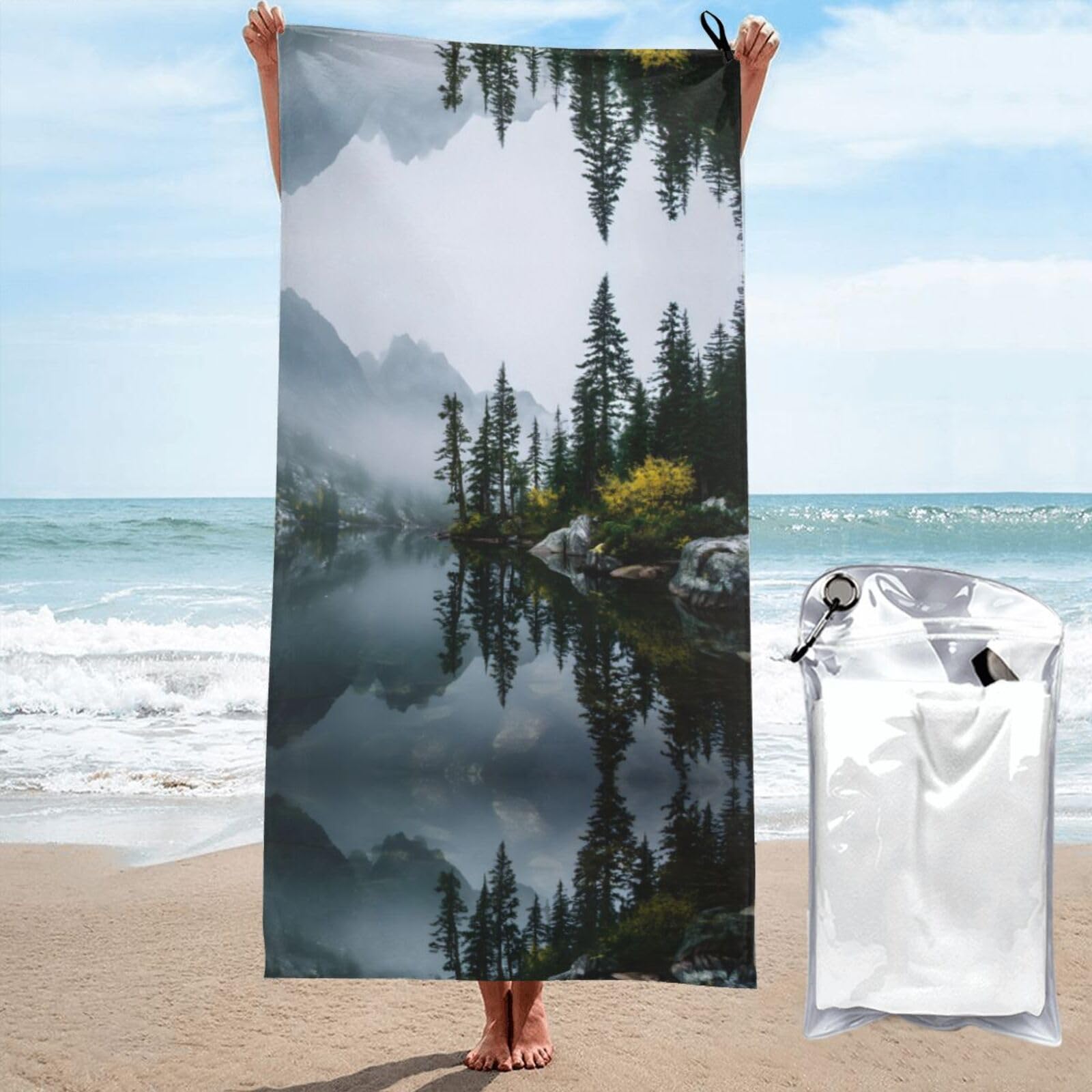 ESNAIUVCD Serene Lake Reflection Print Beach Towel, Microfibre Sauna Towel, Quick-Drying Fitness Towel, Lightweight And Thin Portable Sauna Towel