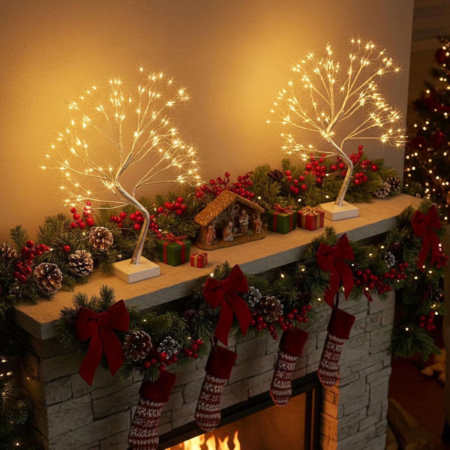 EAMBRITE Fairy Light Tree, 108 Led Light up Trees Decor Indoor, 8 Modes Fairy Light Spirit Tree for Christmas Decorations, USB& Battery Tabletop Bonsai Tree for Home Bedroom Decorations (2 PK, Sliver) - Image 4