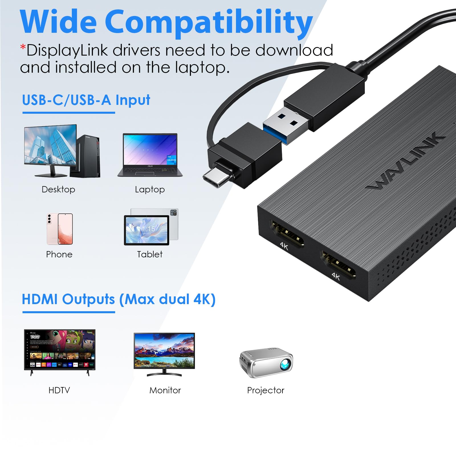 分配器・切替器 WAVLINK 4K 60Hz Dual Desplaylink HDMI Amazon.com: WAVLINK USB C or USB 3.0 to Dual HDMI/DisplayPort