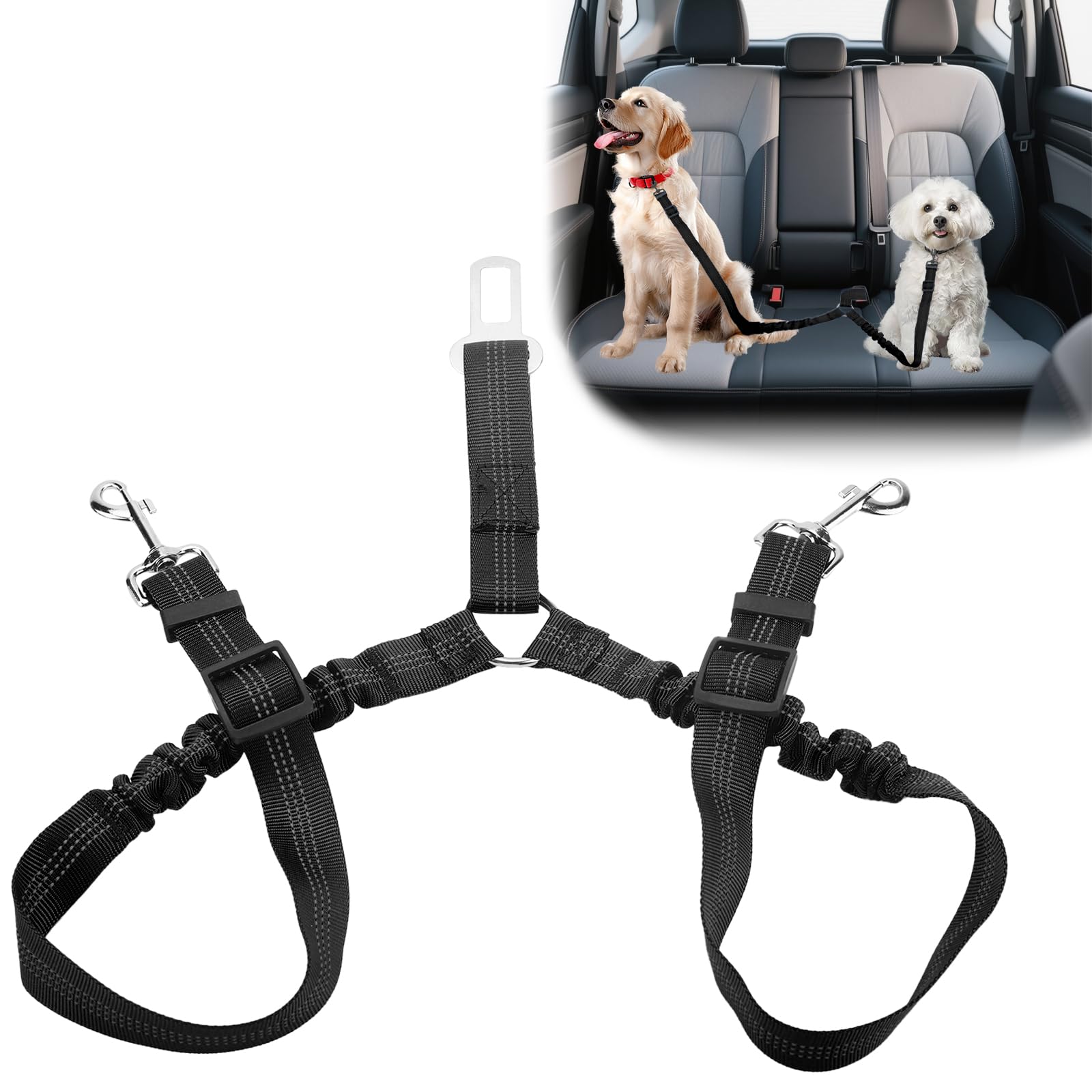 Dog Seat Belts for Cars UK,360° Tangle-Free Double Dog Lead,Adjustable Car Harness for Walking 2 Dogs,Pet Safety Travel Accessories (Black)