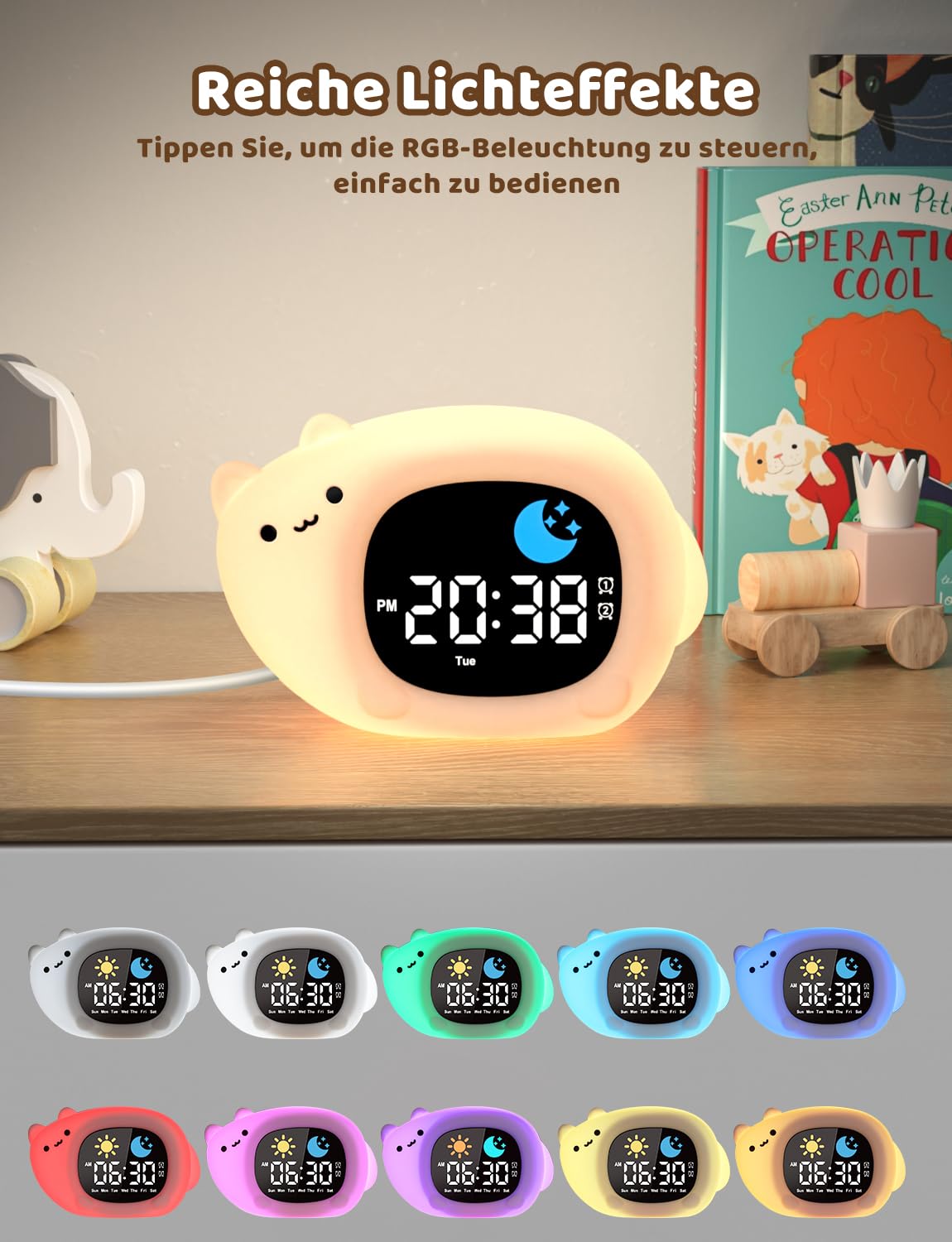 YISSVIC Lernwecker für Kinder, Tag und Nacht, 2 Alarme, 3 Weckzeiten, 12/24 Stunden, Snooze, 10 Lieder, Helligkeit des Displays, verstellbar, Lichtwecker, 7 Farben, automatische Abschaltung in