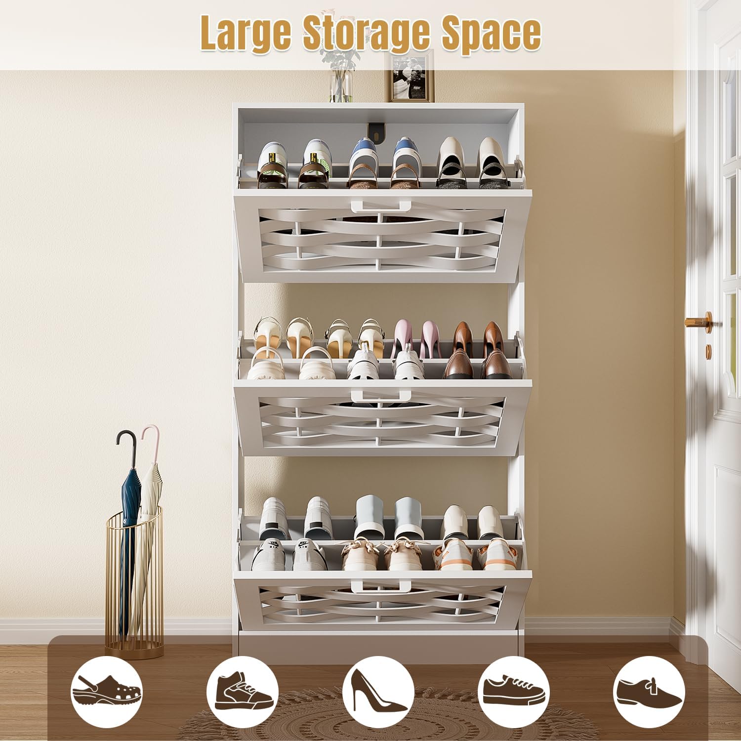 White Shoe Cabinet Storage with 3 Flip Drawers for Entryway, Slim Shoe Rack Cabinet with Woven Design Drawers, Narrow Shoe Organizer for Hallway, Apartment
