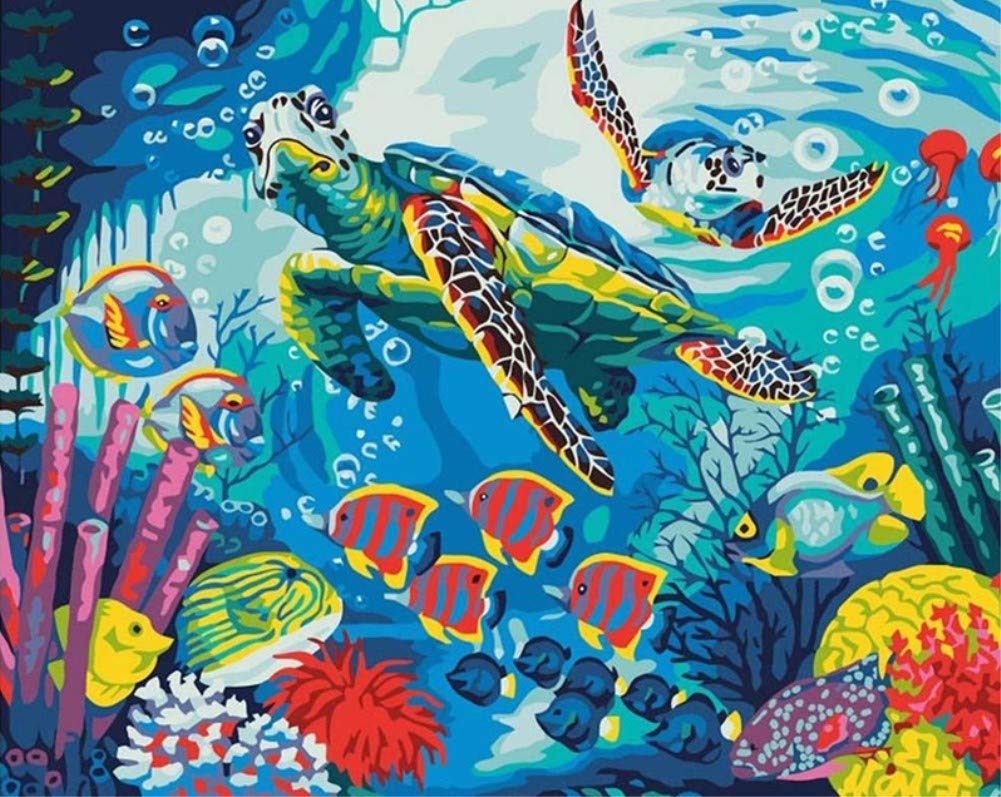 DIY Fabric Decorating Kits, ABEUTY Paint by Numbers Sea Turtle Animal Fish 16x20 inches Number Painting Wall Art (Turtle, Wooden Framed)