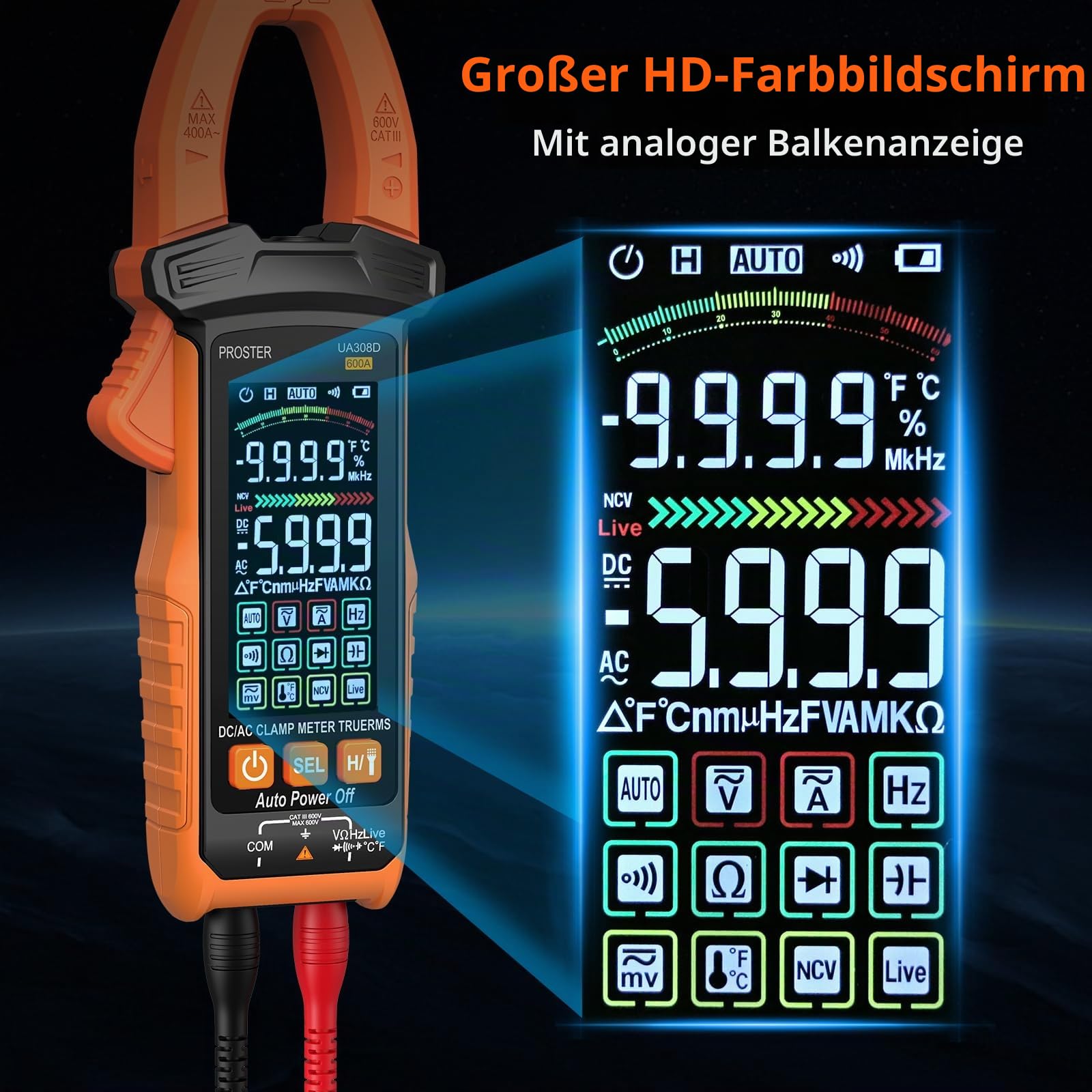 Proster Intelligente Stromzange TRMS 6000 Counts 600A AC/DC Stormmessung