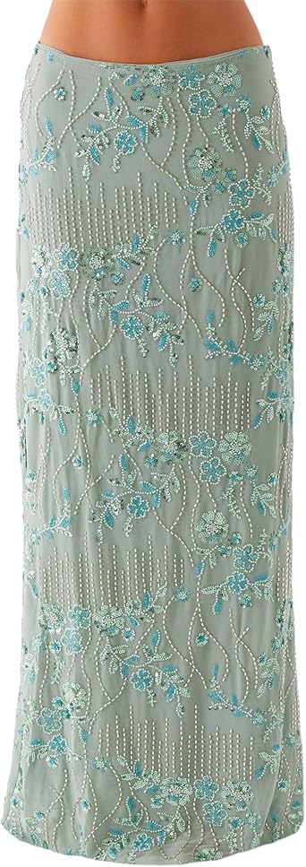 Women Sequin Floral Maxi Skirt Summer Y2K High Waist Beaded Rhinestone Sparkle Bodycon Skirt for Party Evening
