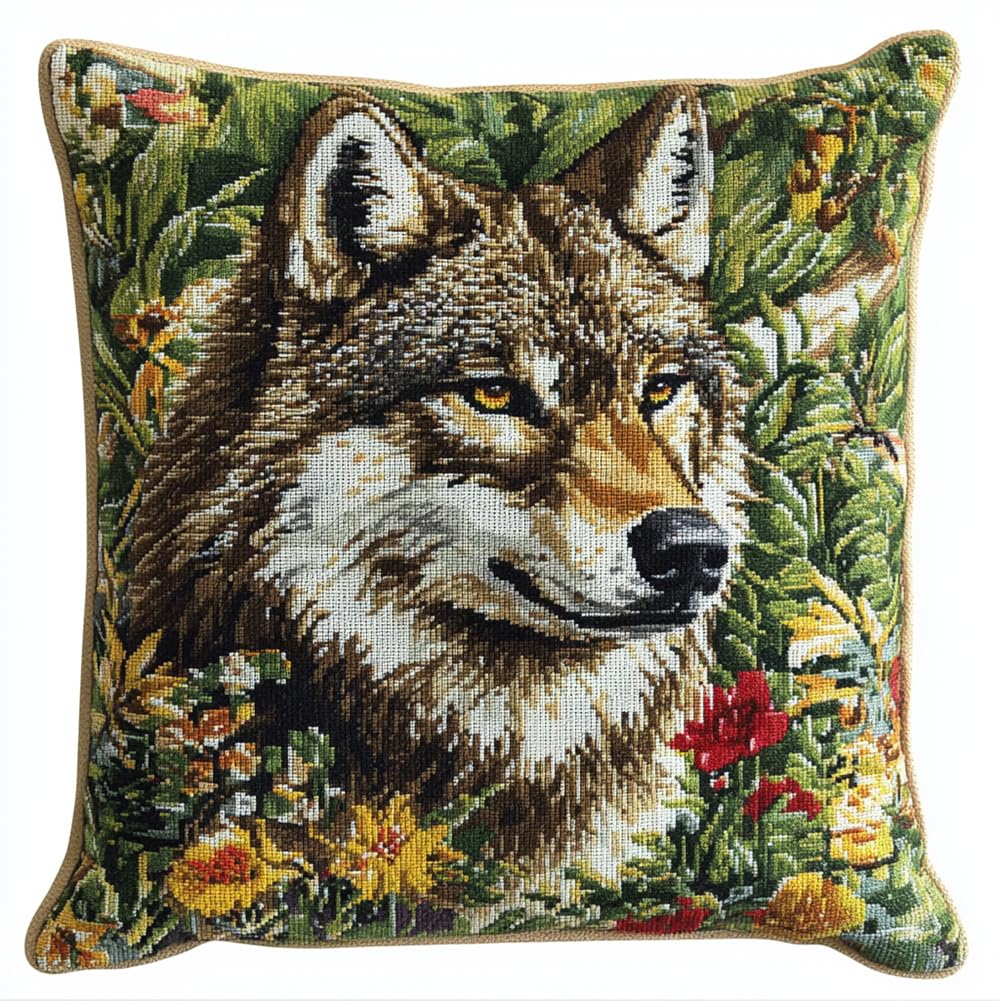 Hdfvlfdsa Cross Stitch Cushion Kit Wolf In The Garden 17.7X17.7in(45X45cm) Cushion With Zipper - Cross Stitch Embroidery Kit For Adults