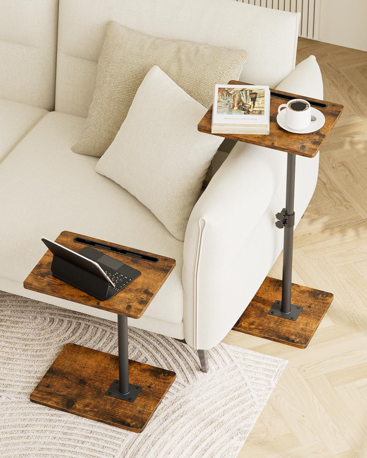 Stolik pomocniczy w kształcie litery C, obracany o 360°, mały stolik kawowy, regulacja wysokości, 40 x 30 x (45-81) cm, drewniany stolik kawowy do sypialni, salonu, biura (rustykalny brąz)