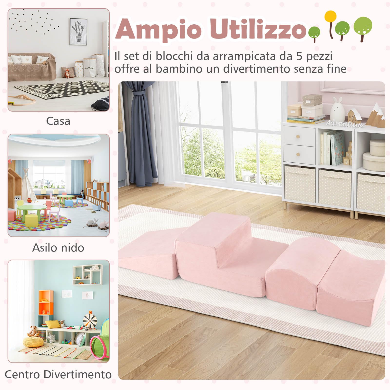 RELAX4LIFE Divano Modulare per Bambini 5 Pezzi, Divano da Gioco Convertibile per Arrampicarsi, Blocchi di Costruzione Morbido per Bambini 3+ Anni (ROSA)