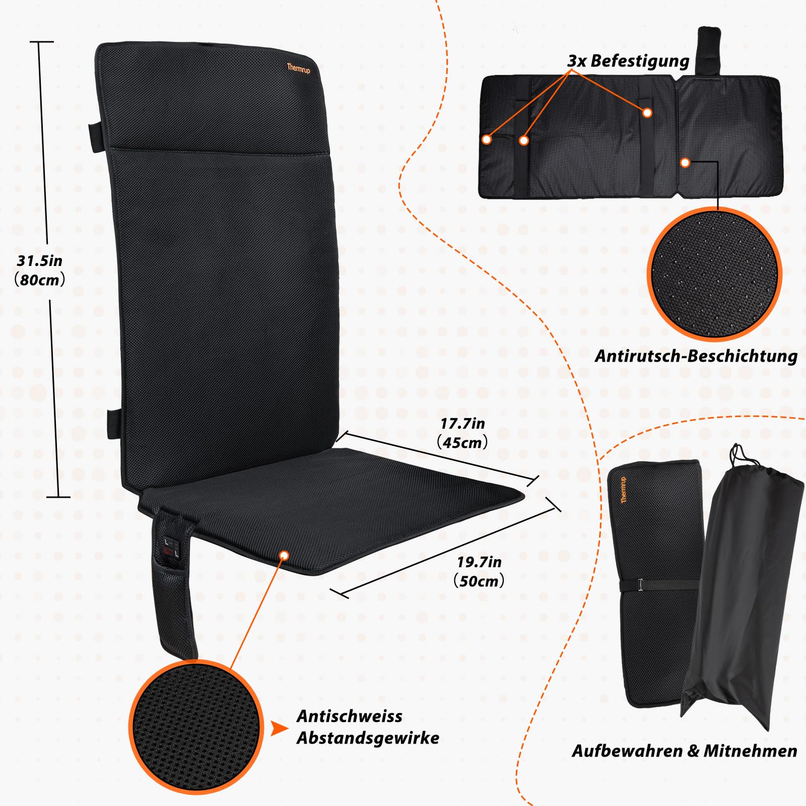 Thermrup Mobile Beheizbare Sitzauflage 50x125 cm – Mit Smart-Regler, Akku- & Netzbetrieb, Ideal für Zuhause, Büro & Camping