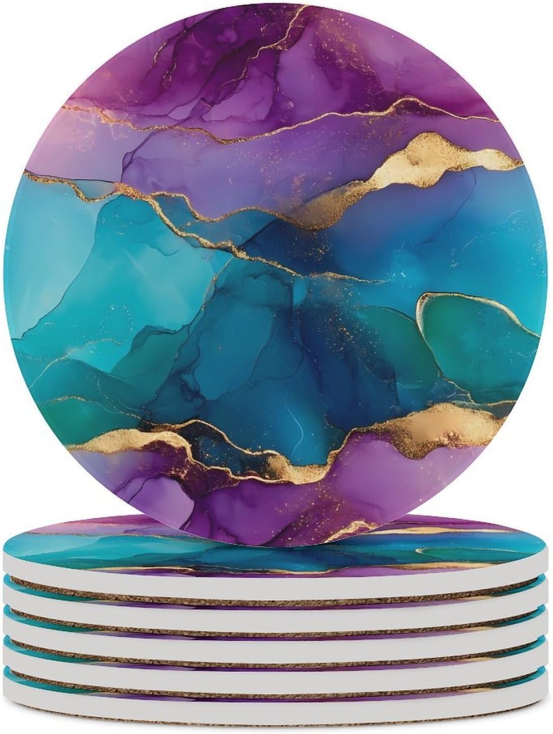 Blue Purple and Gold Abstract Round Ceramic Coasters for Drinks Absorbent Cup Holder Tabletop Protector with Cork Base