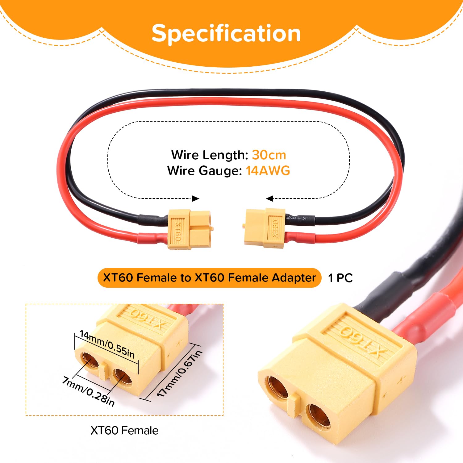 XT60 Przewód Przedłużający, XT60 Żeński do Żeński Wtyk Złącza, z 30cm 14AWG Silikonowym Kablem, do Akumulatora RC LiPo